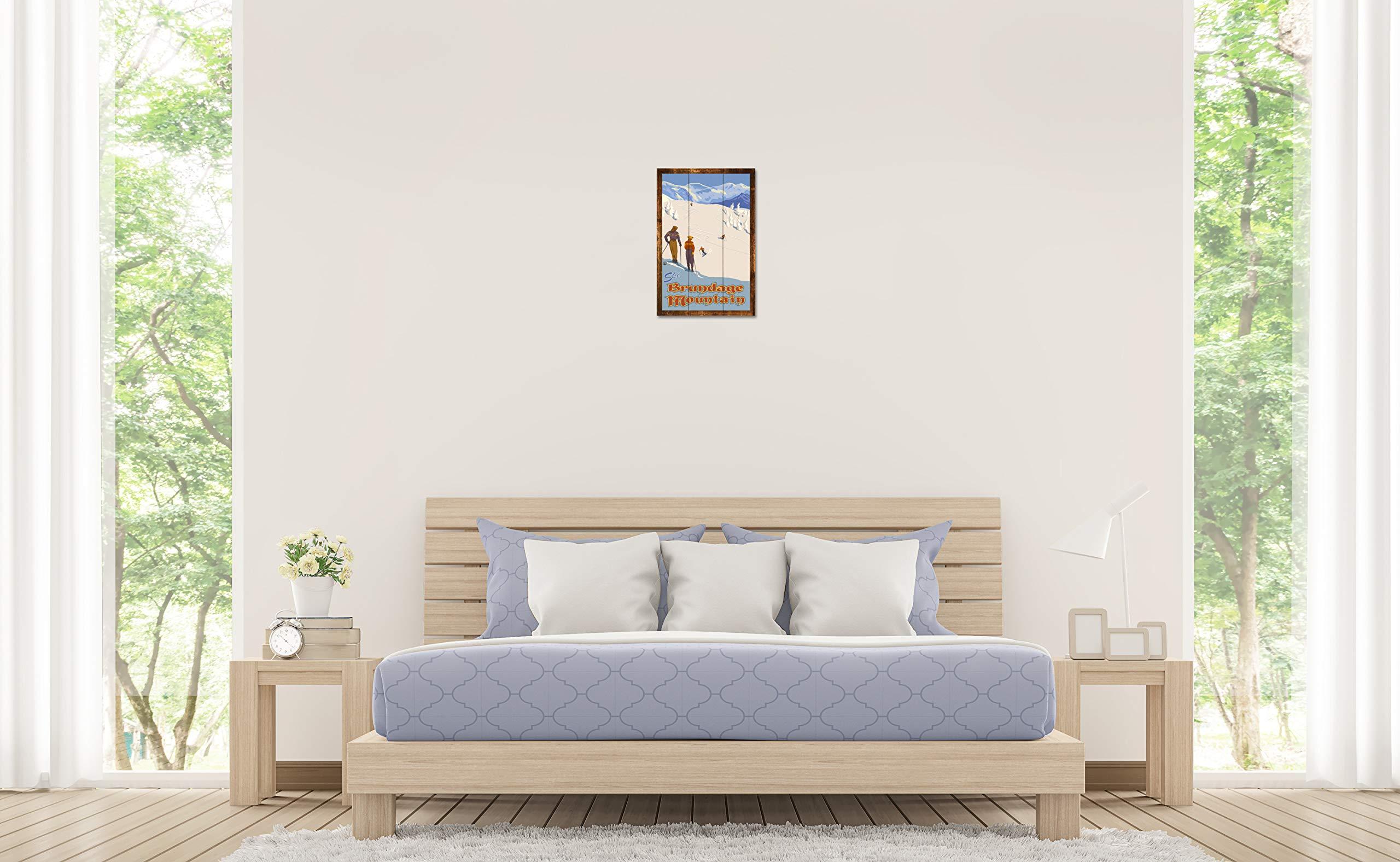 Northwest Art Mall Brundage Mountain Idaho Mountain Slope Skiers Rustic Wood Art Print from Travel Artwork by Artist Paul A. Lanquist 12" x 18"