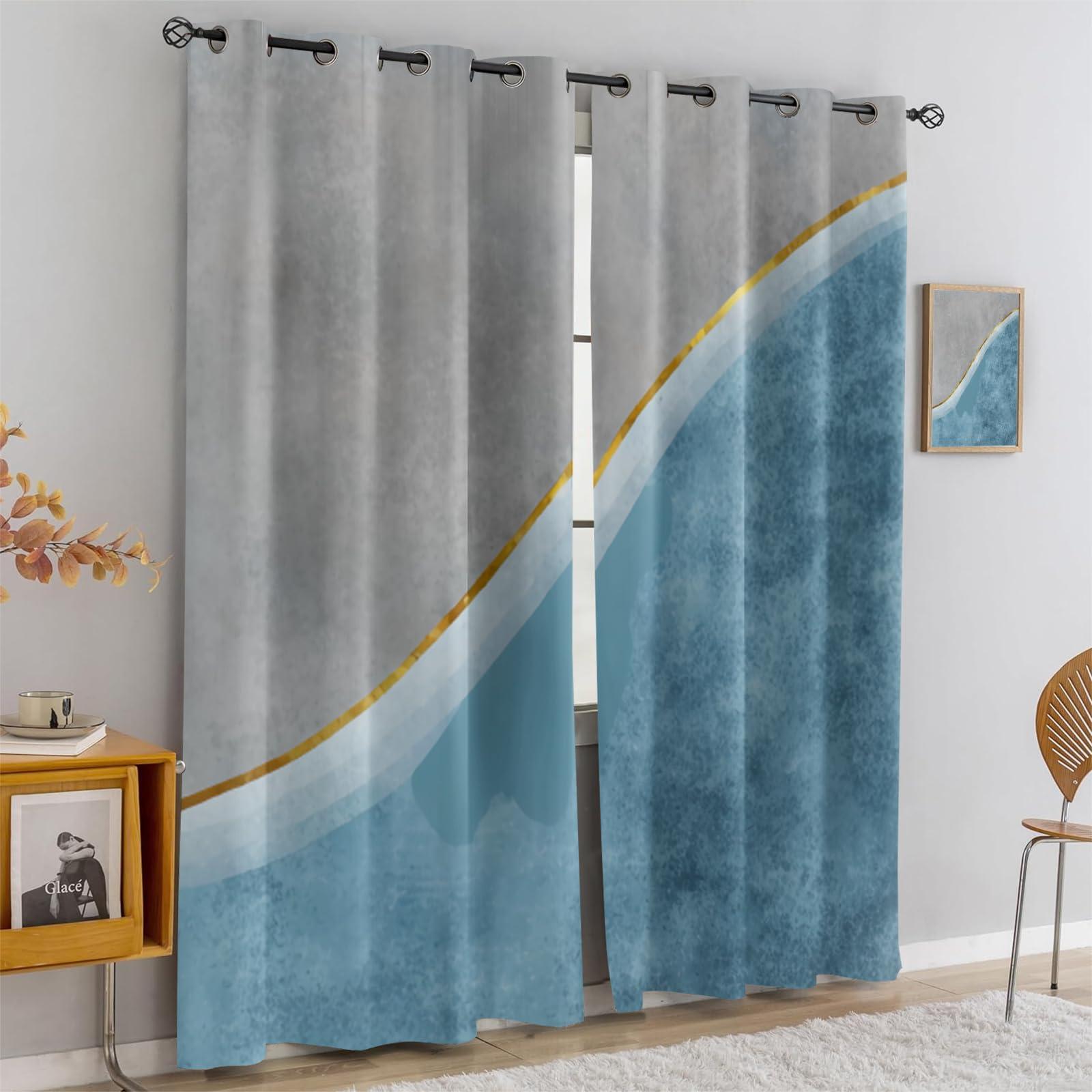 XAFIAUR XAFIAUR Abstract Blue Gray White Blackout Curtains, Gradient Geometric Stripe Art 2 Panels Window Drapes for Boy Girl Bedroom Living Room Black Out Curtains Home Decor Curtains 63" W x 72" L