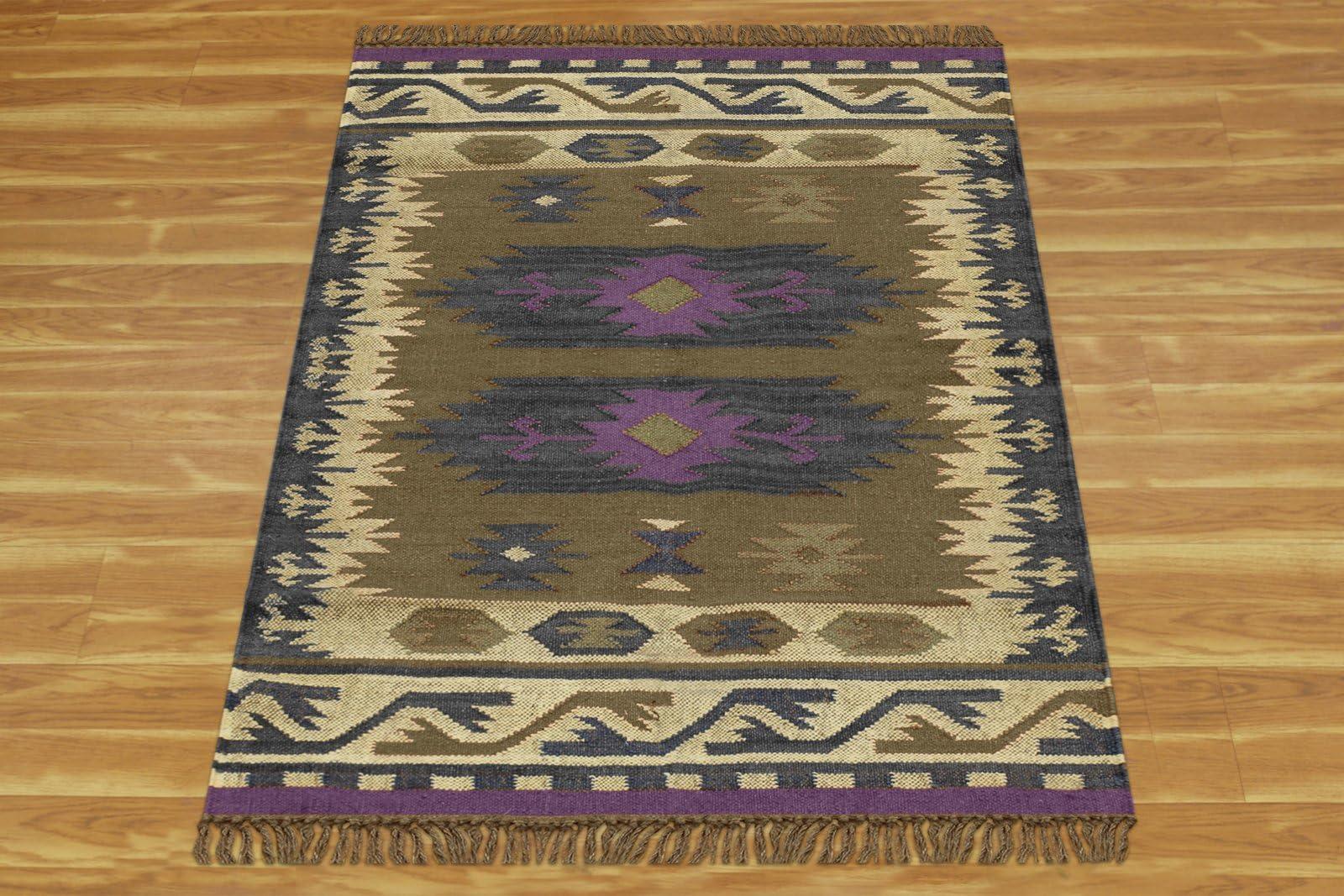 CASAVANI CASAVANI Kilim Rug 7x7' Square Large Area Rug - Hand Woven Wool Jute Rug Grayish Brown & Gray Flatweave Rug for Indoor/Outdoor Use Ideal High Traffic Area Bedroom Kitchen Dining Room