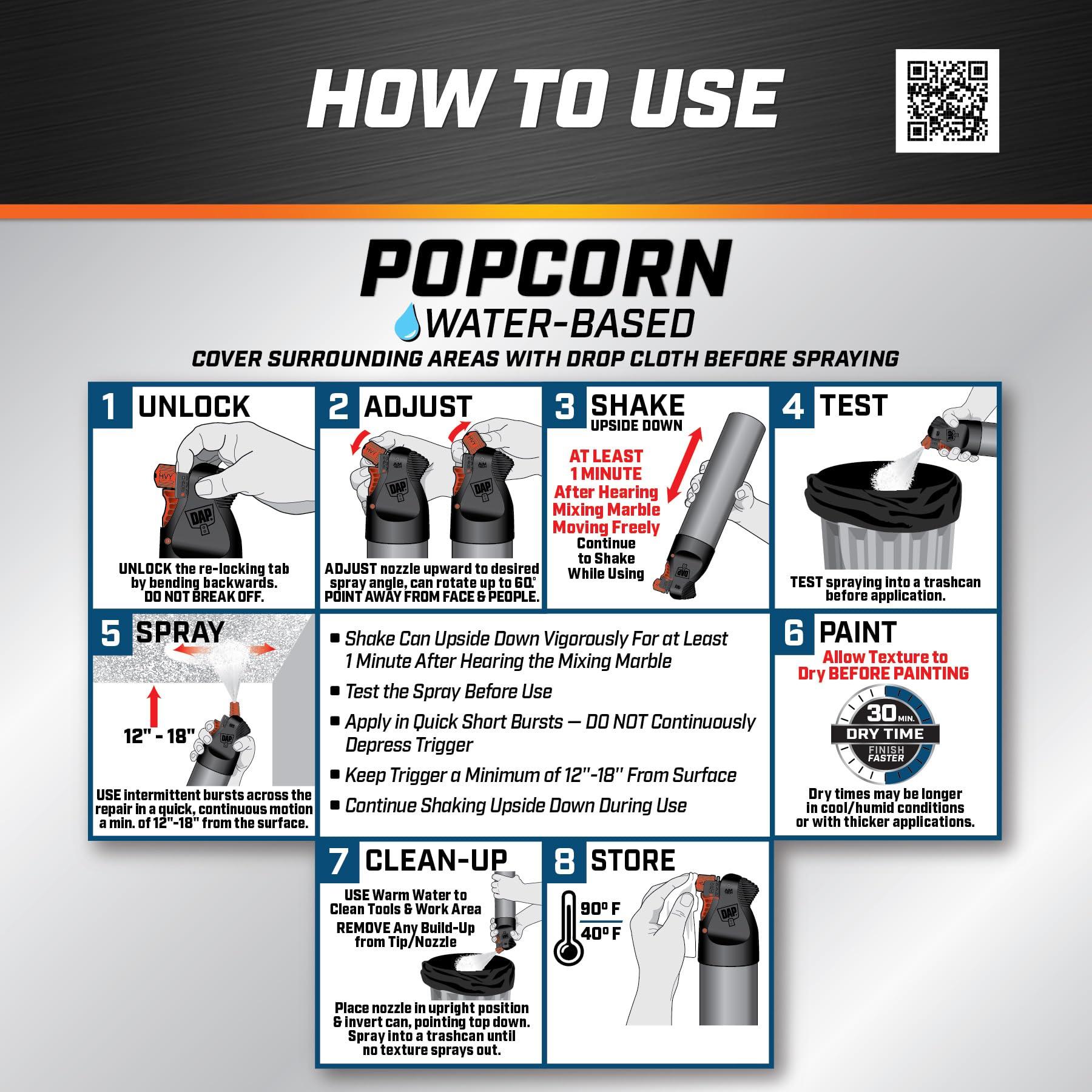 DAP DAP, White, 7079850025 Popcorn Water Based 2in1 Wall & Ceiling Texture Spray with Aim Tech Nozzle, 20 Ounce, 1.25 Pound (Pack of 1)