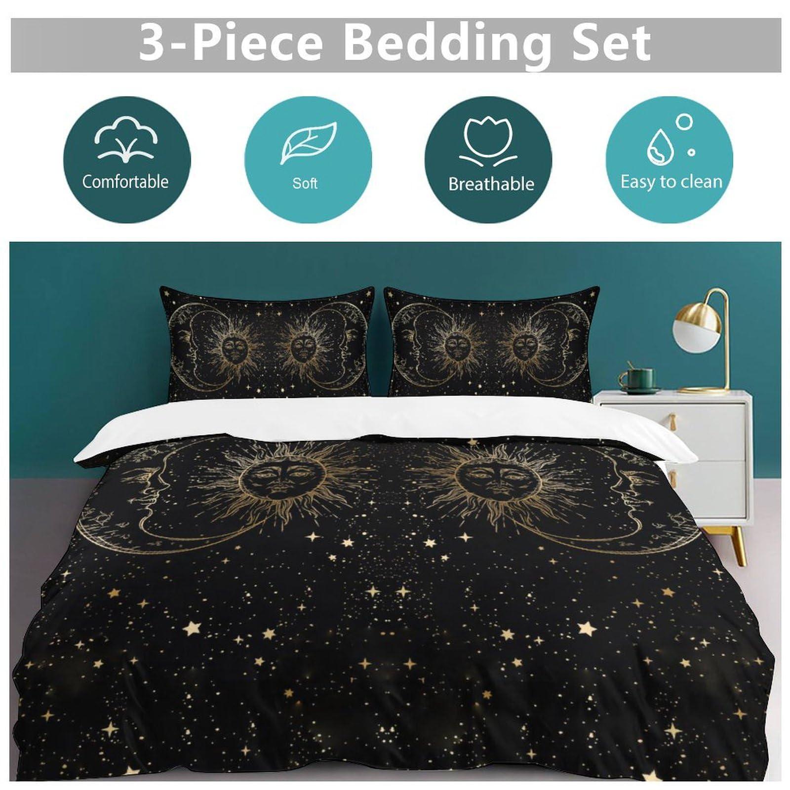 LITINGZHILONG LITINGZHILONG Sun Moon Black Gold Bed 3-Piece Set, Bohemian Retro Style Personality Room Bed Decoration Quilt Cover, Mandura Theme Moon and Sun Bed 3-Piece Set 1 Quilt Set 2 Pillow Cases 86\"x70\"