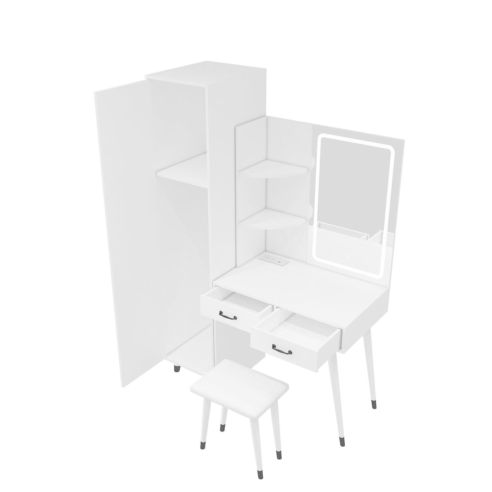 Thxbyebye White Makeup Vanity Desk with Side Storage Shelf, Vanity Table with Slim Cabinet, Dressing Table, Makeup Vanity Set with Side Cabinet, Makeup Vanity Table and Power Outlets, Makeup Table with Shelves