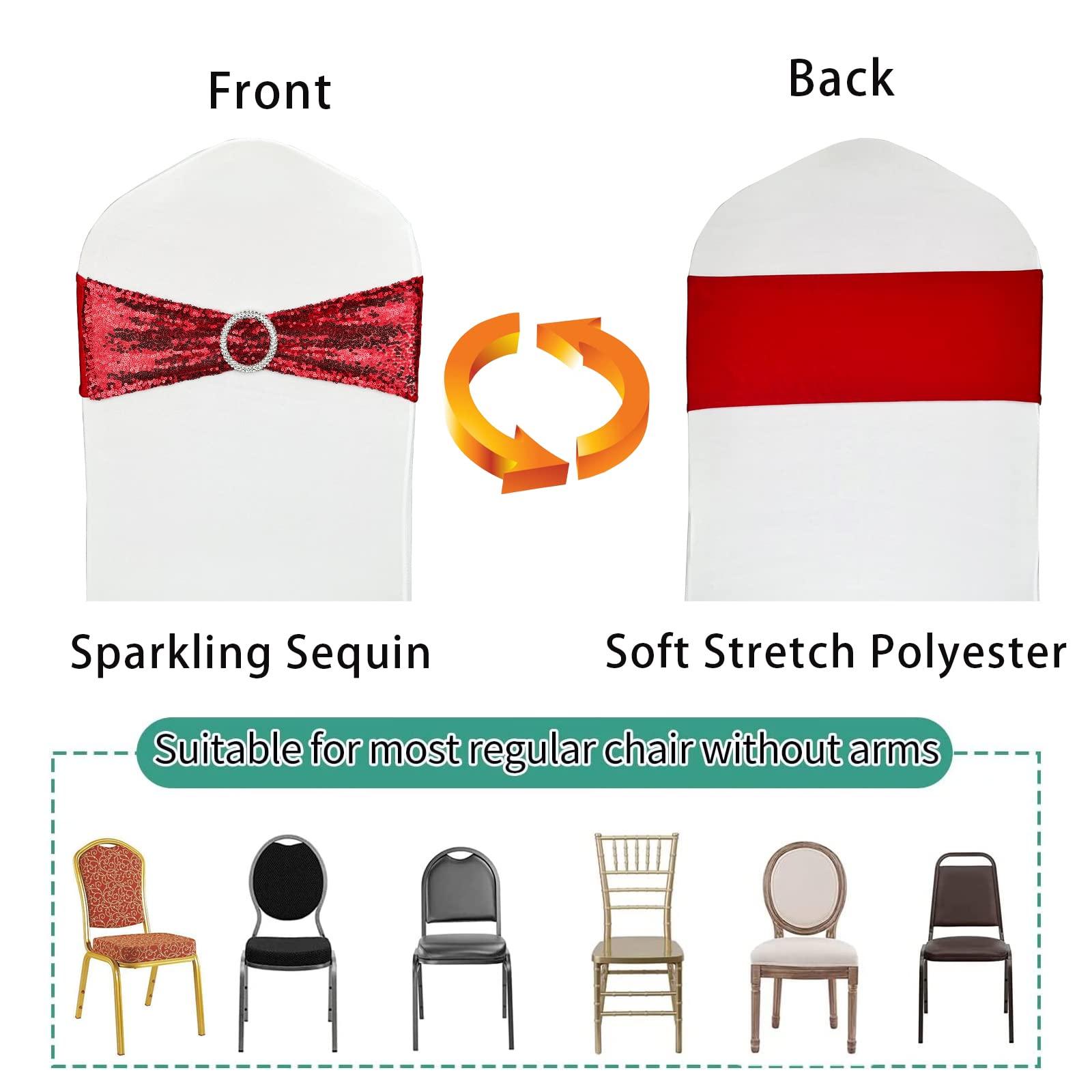 LIZIMI LIZIMI 100 Pcs Sequin Chair Sashes Stretch Chair Bands Spandex Polyester Bows for Party Hotel Wedding Banquets Decoration - Red