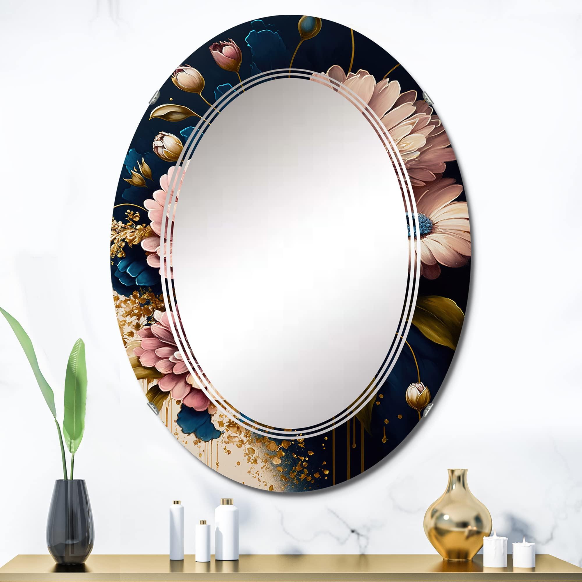 DesignQ Floral & Botanical wall mirror, Oval Traditional mirror, Round Red bathroom mirror, daisy vanity mirror Bunch of Burgundy and Blue Daisies I printed mirror decor, oval mirror 24x36