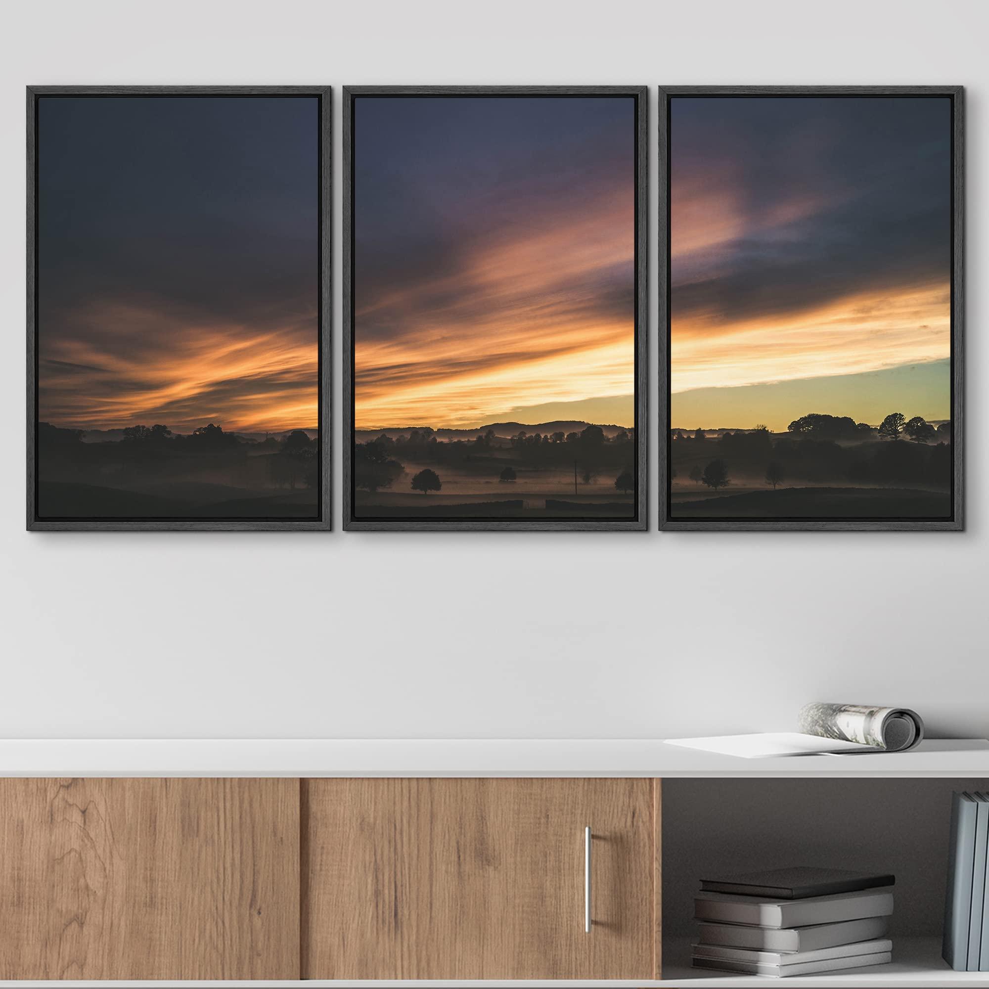 wall26 wall26 - 3 Piece Framed Canvas Wall Art - Landscape with Trees at Dusk - Modern Home Art Stretched and Framed Canvas Ready to Hang - 24\"x36\"x3 Black