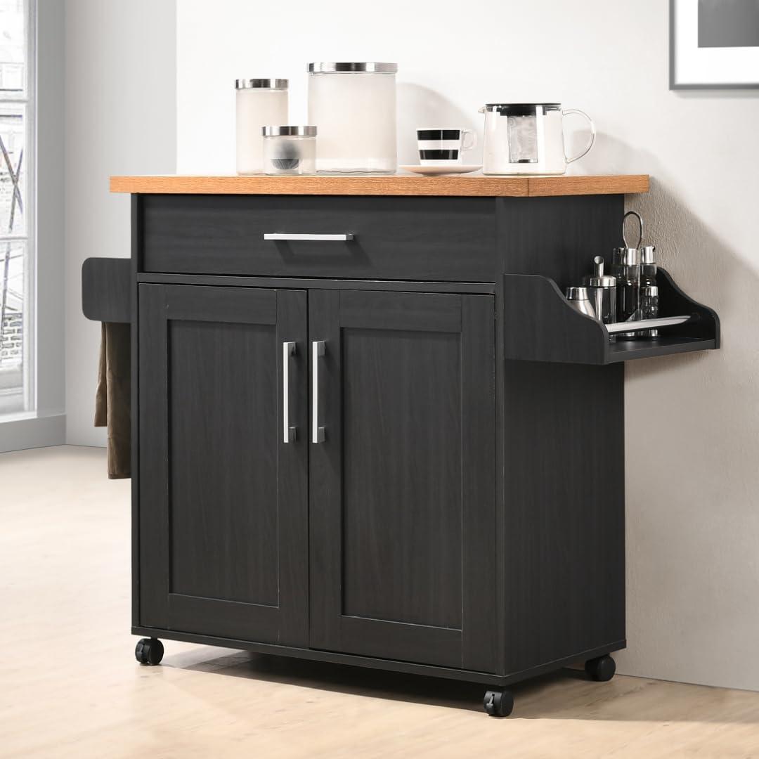 Hodedah Hodedah Kitchen Island with Spice Rack, Towel Rack & Drawer, Black with Beech Top