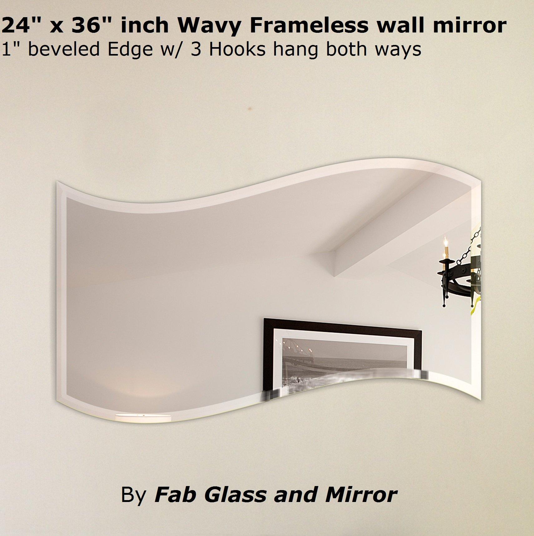 Fab Glass and Mirror Fab Glass and Mirror M-Wavy-HKS Wavy Beveled Polish Frameless Wall Mirror with Hooks, 24\" x 36\"