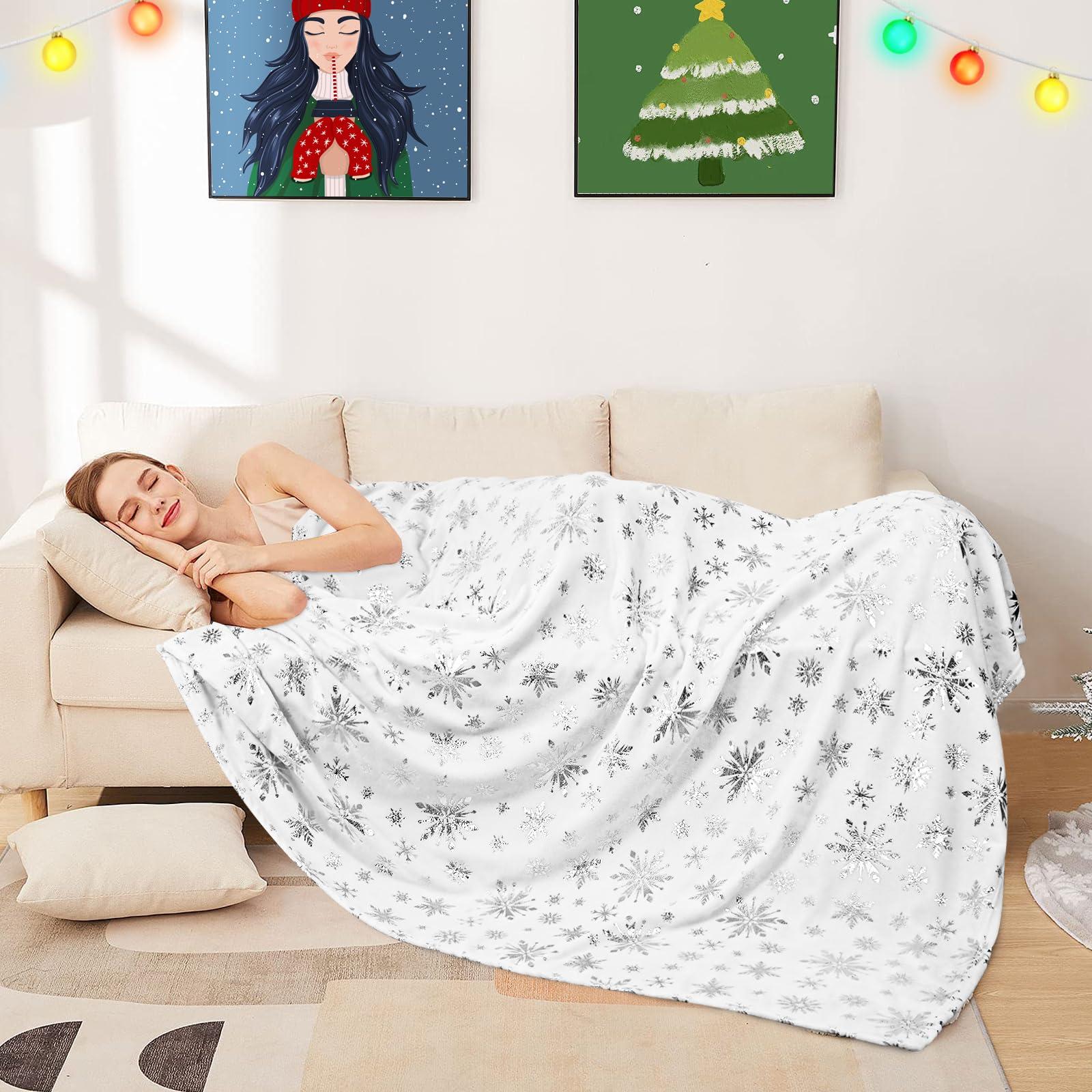FRAMICS Merry Christmas Throw Blanket, Silver Snowflake Foil Print Throw Blankets, White Winter Fluffy Fleece Blanket for Couch Warm Bed Napping Flannel Blanket for Sofa Bedroom Gift Xmas Decor, 50\" x 60\"