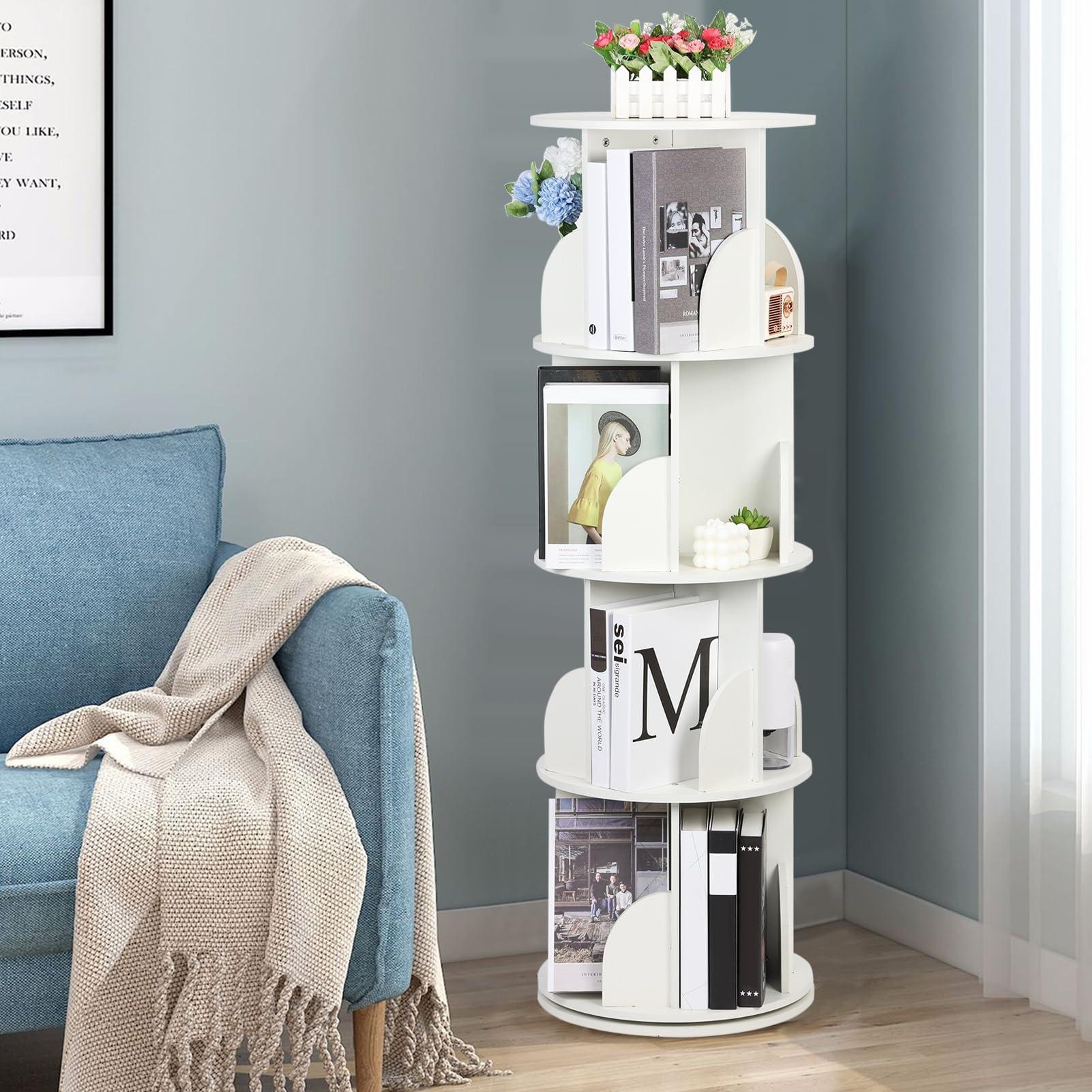 Makamsui Makamsui Rotating Bookshelf, 4 Tier Rotating Bookshelf Tower Floor Standing Bookcase, Small Corner Bookshelf Storage Rack for Small Space, Wood Narrow Book Shelf Organizer for Bedroom, Living Room Wh