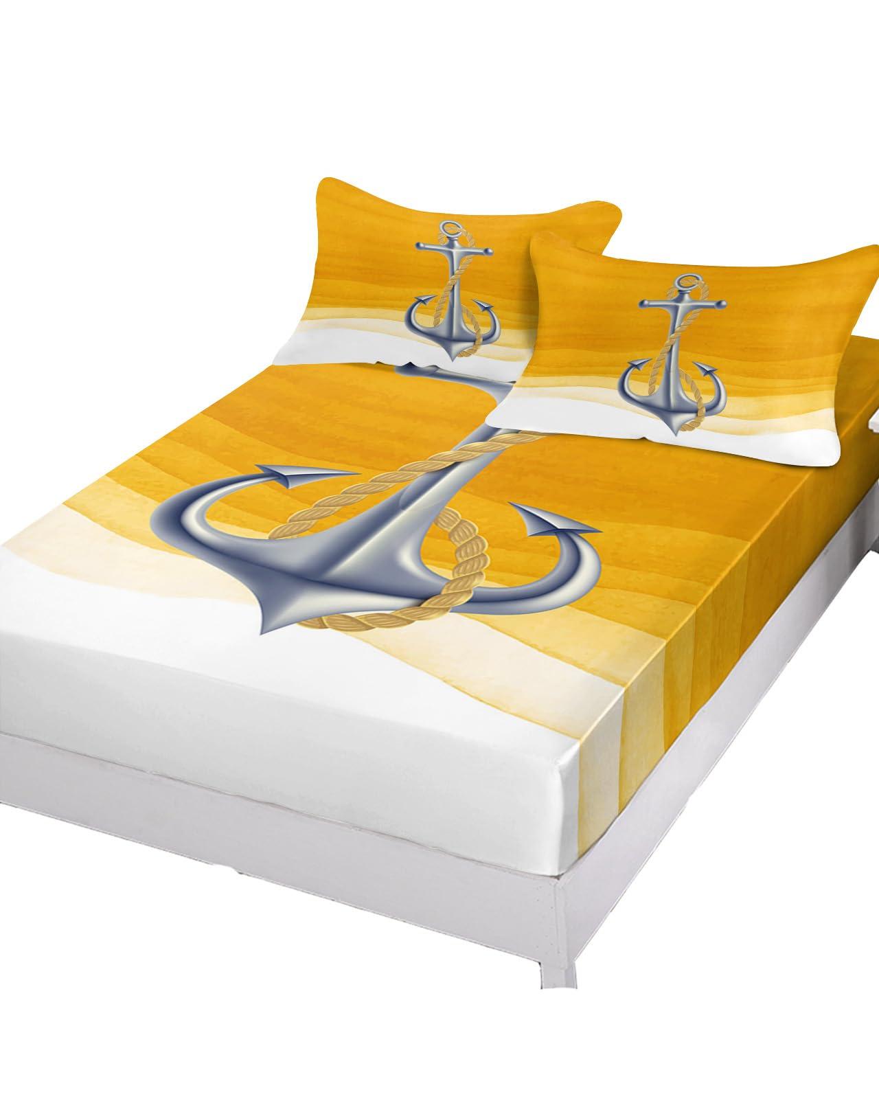 ZFUNCING Marine Nautical Silver Ship Anchor Fitted Bed Sheets Twin XL Size Fit 5-16inch Deep Pockets,Luxury Bottom Sheet Bedding Set with Pillow Case,Yellow Gradient Art Wave Stripe Fitted Sheet for Mattress