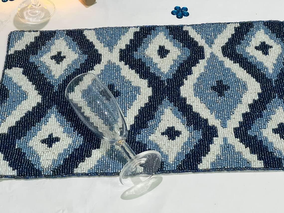 HM CREATION HM CREATIONS Set of 6 Placemats, Handmade Beaded Placemats, Geometrical Tablemats, Designer Charger Plates 12X15Inches (6)