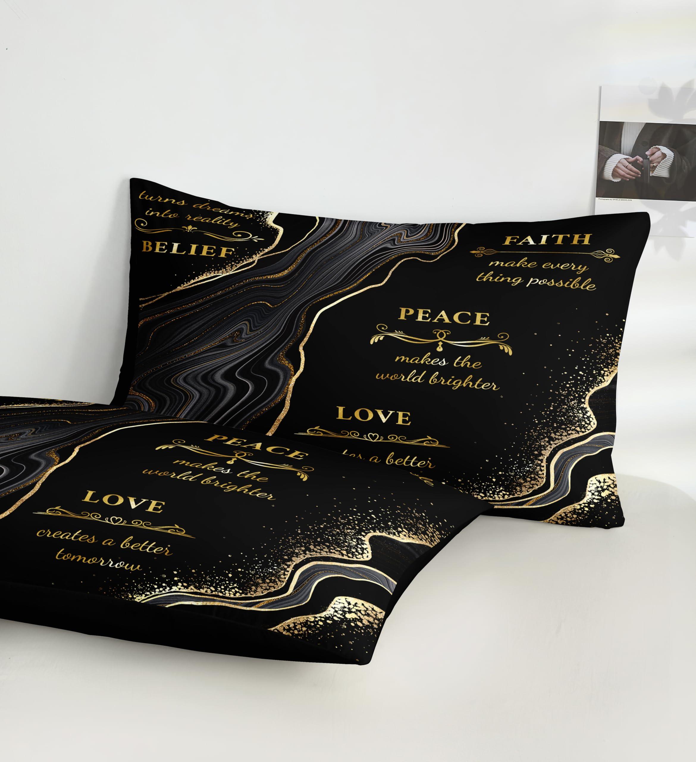 Herside Herside Marble Queen Comforter Set with Sheets,8 Pieces Black and Gold Queen Bed in a Bag Set,Inspirational Positive Energy Words Quilt Set,Modern Marble Texture Luxury Bedding Set for All Seasons