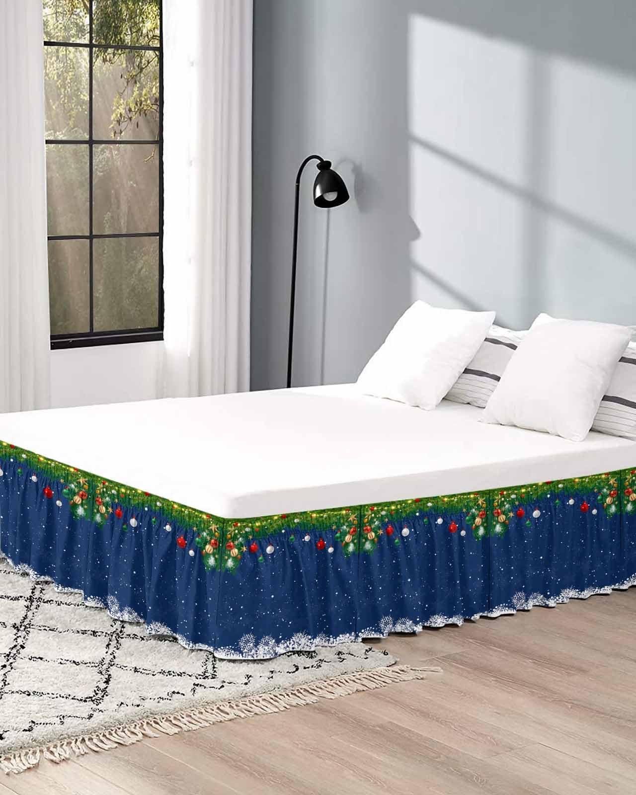 Gehucoxee Christmas Balls Navy Blue Bed Skirt Queen Size 18 Inch Drop, Adjustable Elastic Wrap Around Bed Skirts Easy Fitting Dust Ruffle Bedskirt Wrinkle Free Bed Frame Cover Winter Snowflakes Pine Branches