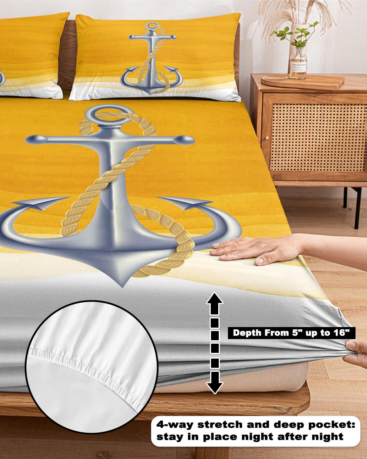 ZFUNCING Marine Nautical Silver Ship Anchor Fitted Bed Sheets Twin XL Size Fit 5-16inch Deep Pockets,Luxury Bottom Sheet Bedding Set with Pillow Case,Yellow Gradient Art Wave Stripe Fitted Sheet for Mattress