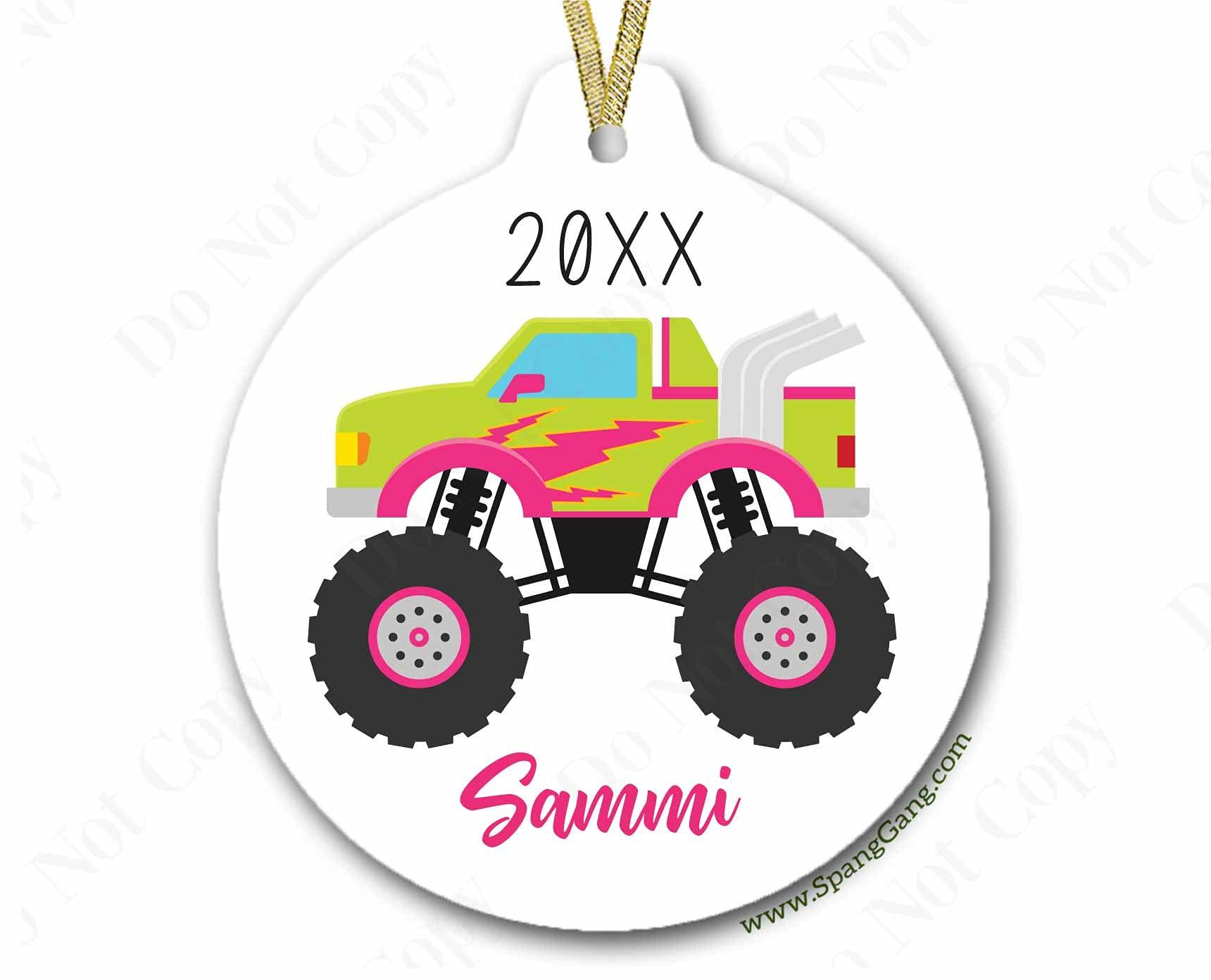 Spang Gang Designs, LLC Pink Monster Truck Ornament for Girl | Personalized Monster Truck Christmas Ornament