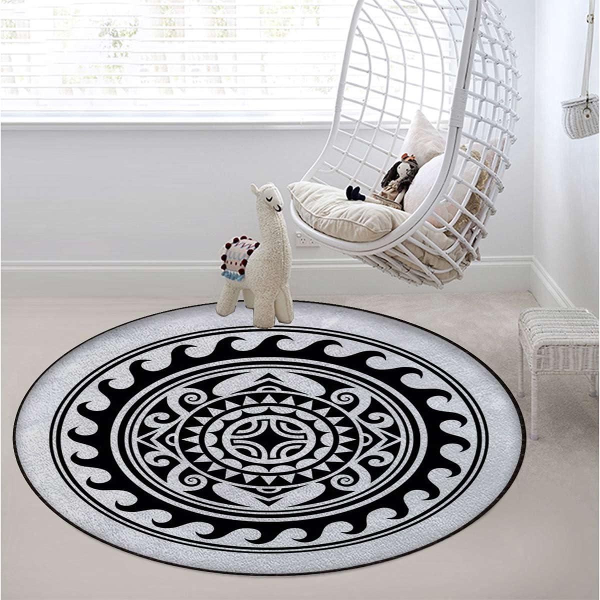 MQAUZK Black White Round Rug,Circle Rug,Farmhouse Distressed Non Slip Area Rug, Round Rugs for Living Room, Kitchen, Bedroom, Bathroom, Early Renaissance Artsy Modern Design Diameter 35.4 in