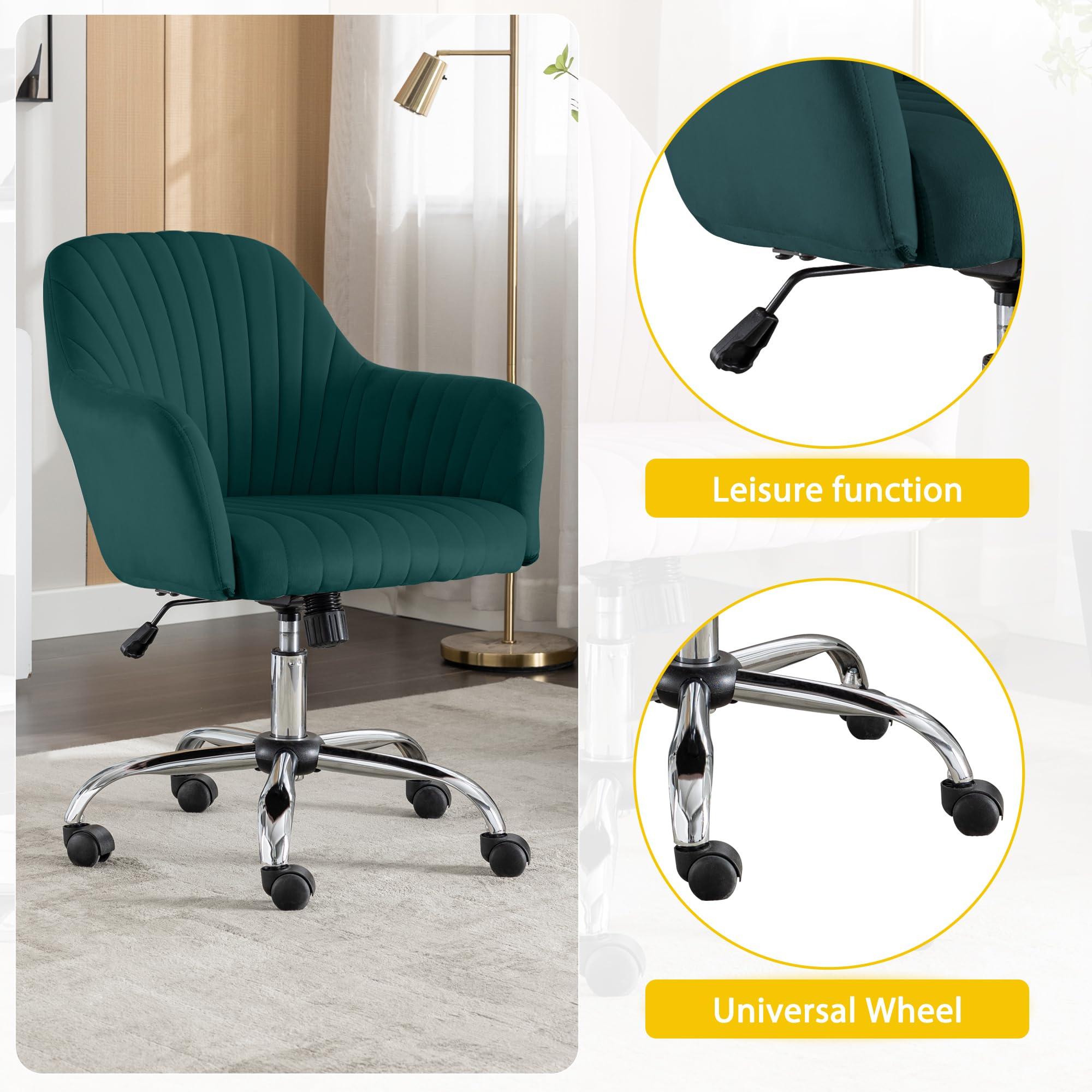 Gustonhon Gustonhon Home Office Desk Chair,Vanity Chair Modern Velvet Adjustable Low Back Rolling Chair Twill Upholstered Cute Decorative Chair,Desk Chairs with Wheels for Bedroom,Vanity Room,Classroom (Green)