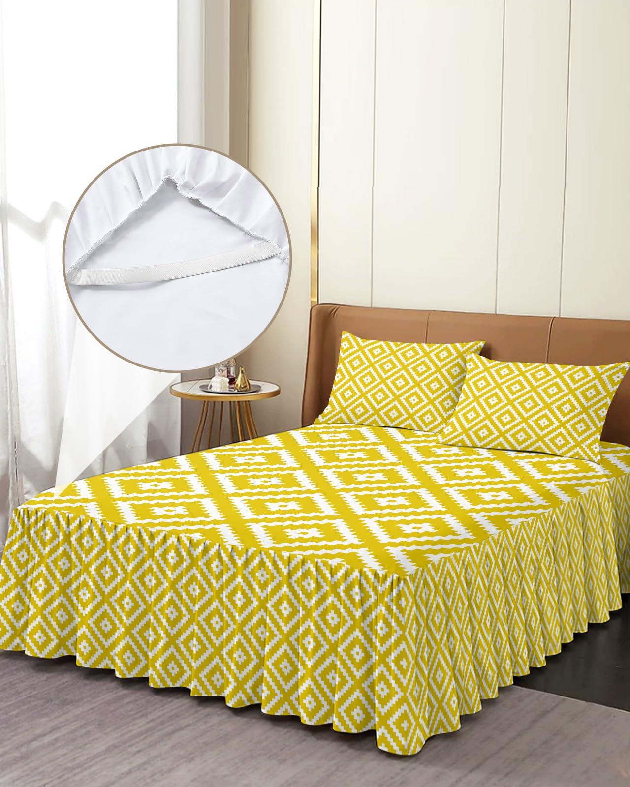 PRINT PICTURE ARTHOME Bed Skirt Full Size 18 Inch Drop, Yellow Wrap Around Bed Skirts Set - 1 Bed Sheet & 2 Pillowcase(30\"x20\"), Geometric Square Texture Dust Ruffle Bedding Sets