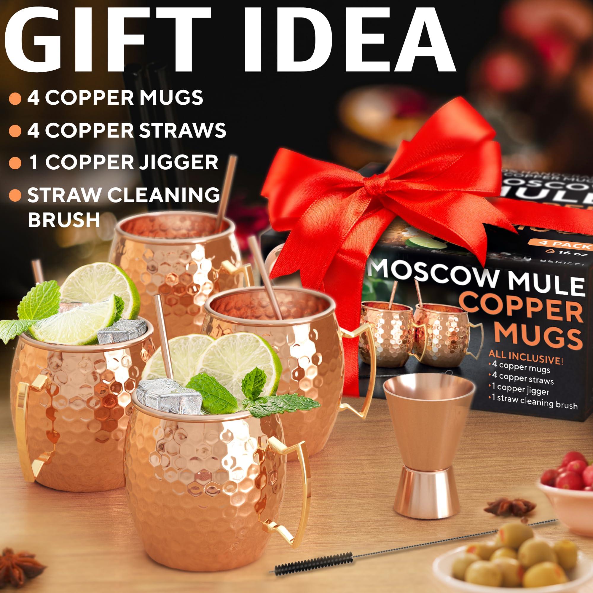 Benicci Benicci Moscow Mule Copper Mugs - Set of 4-100% HANDCRAFTED - Food Safe Pure Solid Copper Mugs - 16 oz Christmas Gift Set with Premium Quality Cocktail Copper Straws and Jigger!