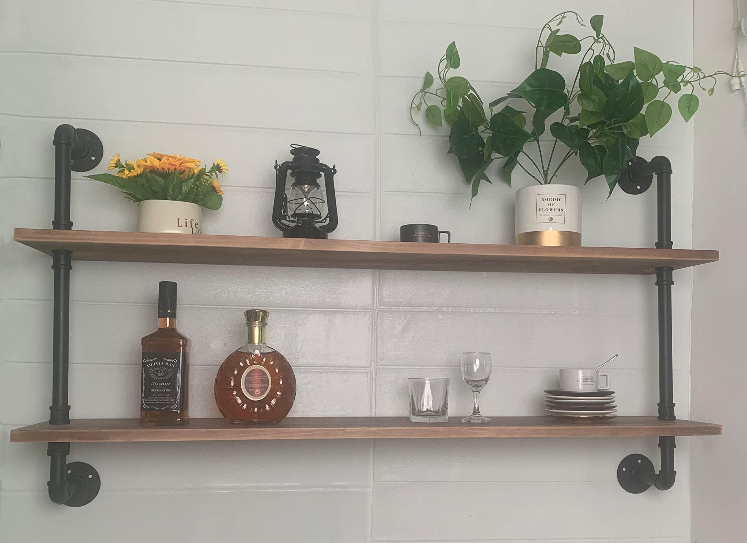 HDDFER Pipe Shelves Industrial Pipe Shelving Shelves Real wood Industrial Floating Pipe Shelves with Wood planks 48 inch Industrial Wall Shelves Rustic Hanging Bookshelf Farmhouse Kitchen Bar Shelving