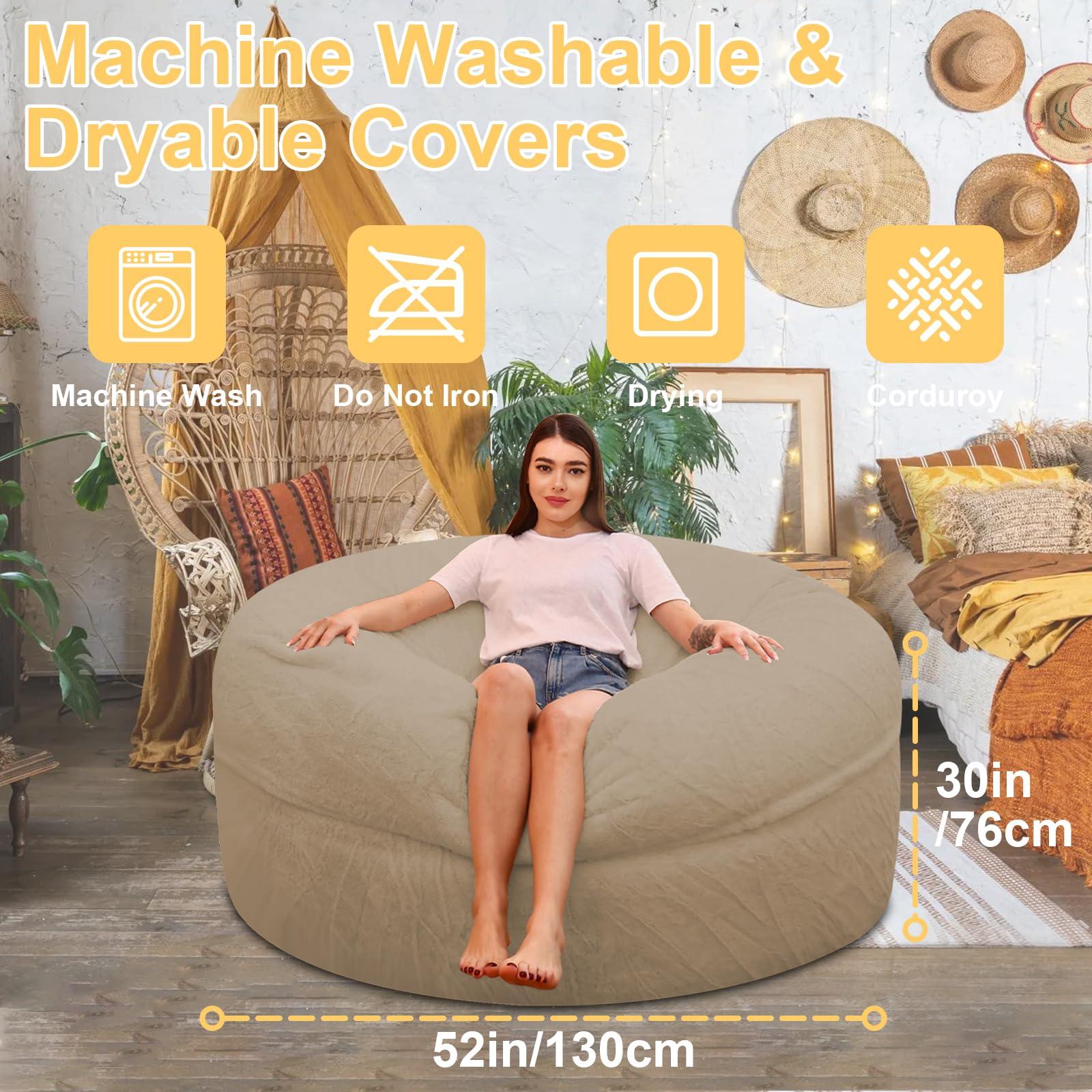 JZGYDD Bean Bag Chair with Filler, Giant Memory Foam Bean Bag Chair, Comfy Bean Bag Chair for Adults/Teens Round bean bag fluffy for Living Room Bedroom (light khaki,5ft)