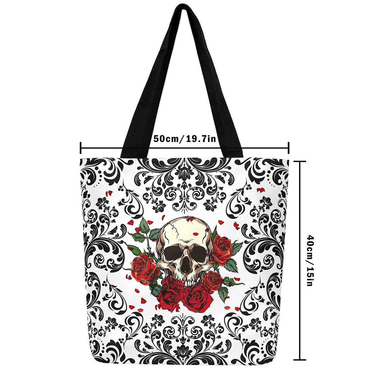 RezsoyeN RezsoyeN Skull Red Roses Canvas Tote Bag For Women Black Damask Floral Gothic Shopping Handbag Halloween Skull Skeleton Reusable Grocery Bag Goth Hippie Skull Shoulder Bag White