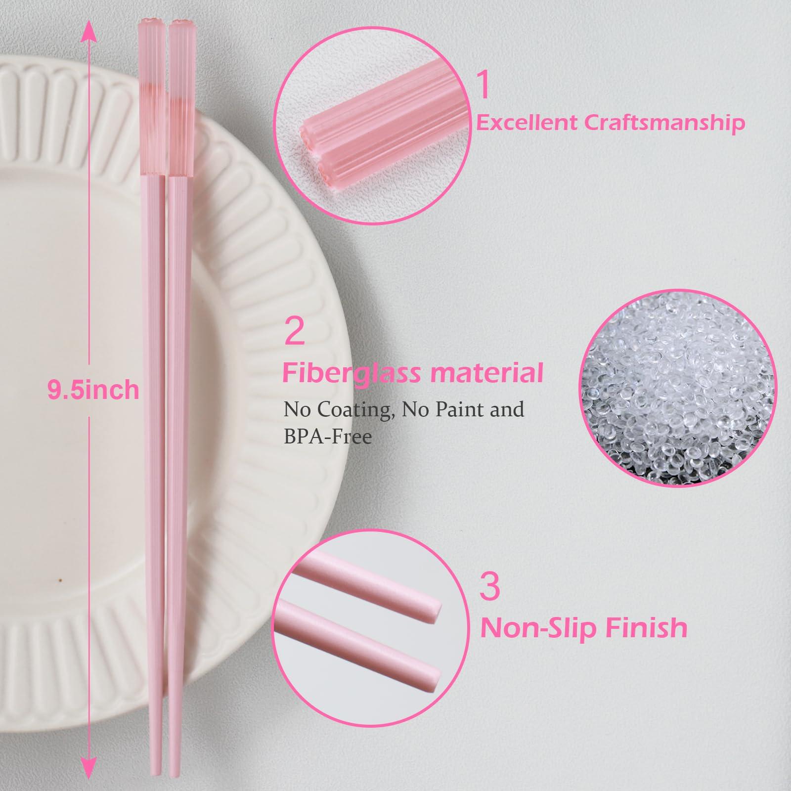 GLAMFIELDS Chopsticks Reusable Dishwasher Safe, GLAMFIELDS 10 Pairs 9.5 Inches Premium Fiberglass Chop Sticks Set for Sushi, Ramen, Asian Cuisine, Non-slip, Pink