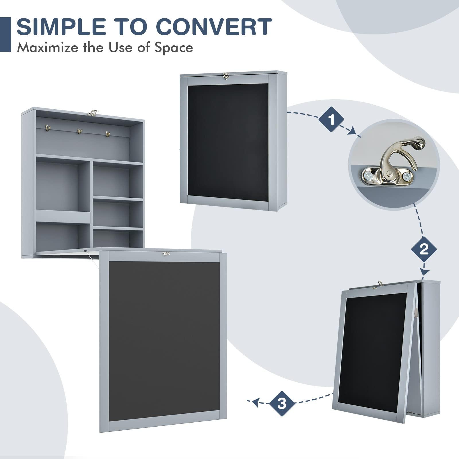 IFANNY IFANNY Folding Wall Desk, Wall Mounted Fold Out Desk with Storage Shelves & Hooks, Hideaway Desk Wall Mount with Chalkboard, Floating Corner Desk for Small Spaces (Gray)