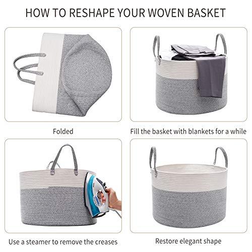 Wangger XXL Extra Large Cotton Rope Basket, 20\" x 13\" Throw Blanket Storage Basket with Handles, Decorative Blanket Basket for Living Room, Pillows, Toys or Laundry
