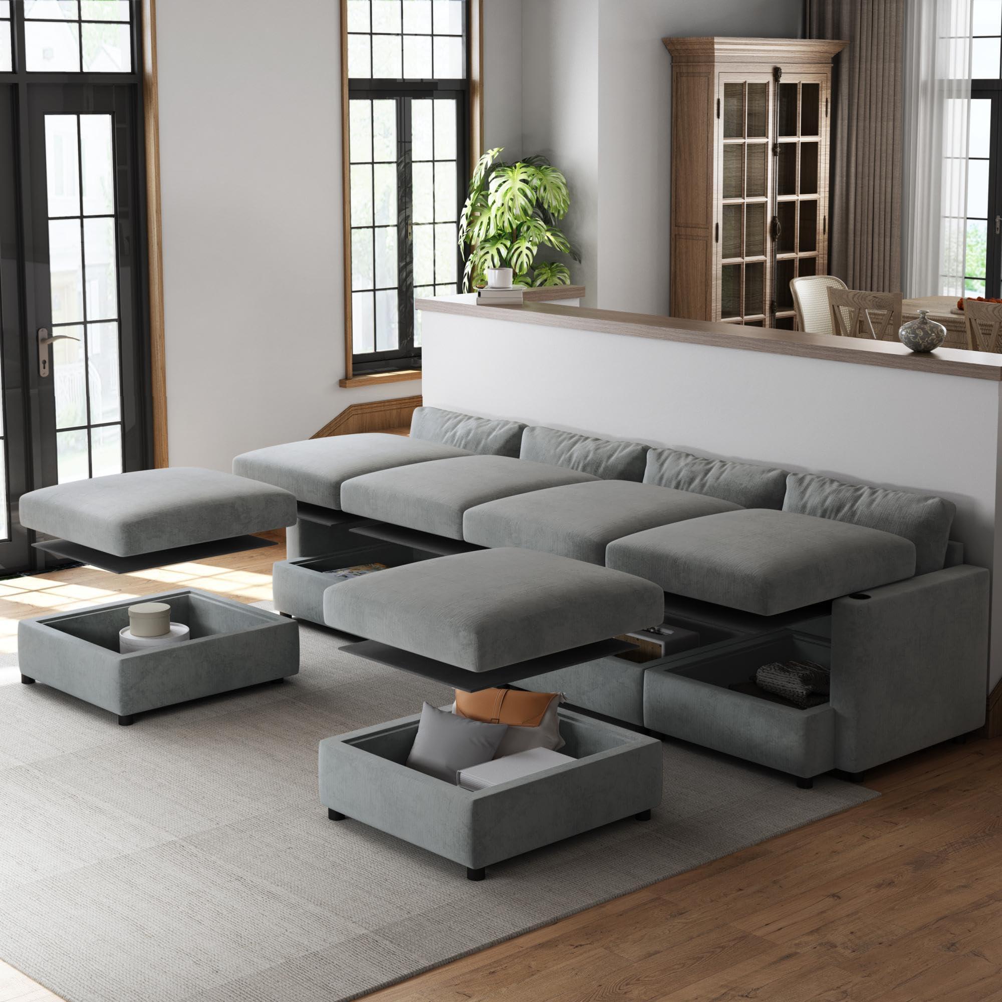 DEINPPA DEINPPA U-Shape Modular Sectional Couch with Storage Compartment, 6-Seat Sectional Sofa Couch with Ottoman, Sleeper Sectional Couch for Living Room Chenille Fabric-Grey