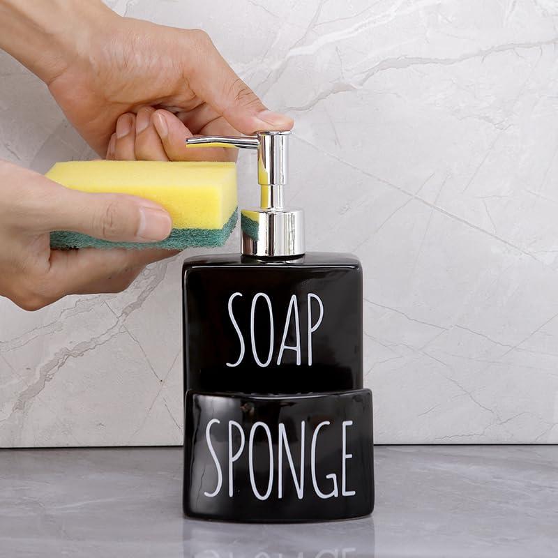ADAVAS.Y&G Ceramic soap Dispenser with Sponge Holder for Kitchen Sink Hand and Dish Soap Dispenser Set for Kitchen, 2-in-1 Countertop Soap Pump Dispenser for Kitchen Sink, Useful Kitchen Gadgets - Black