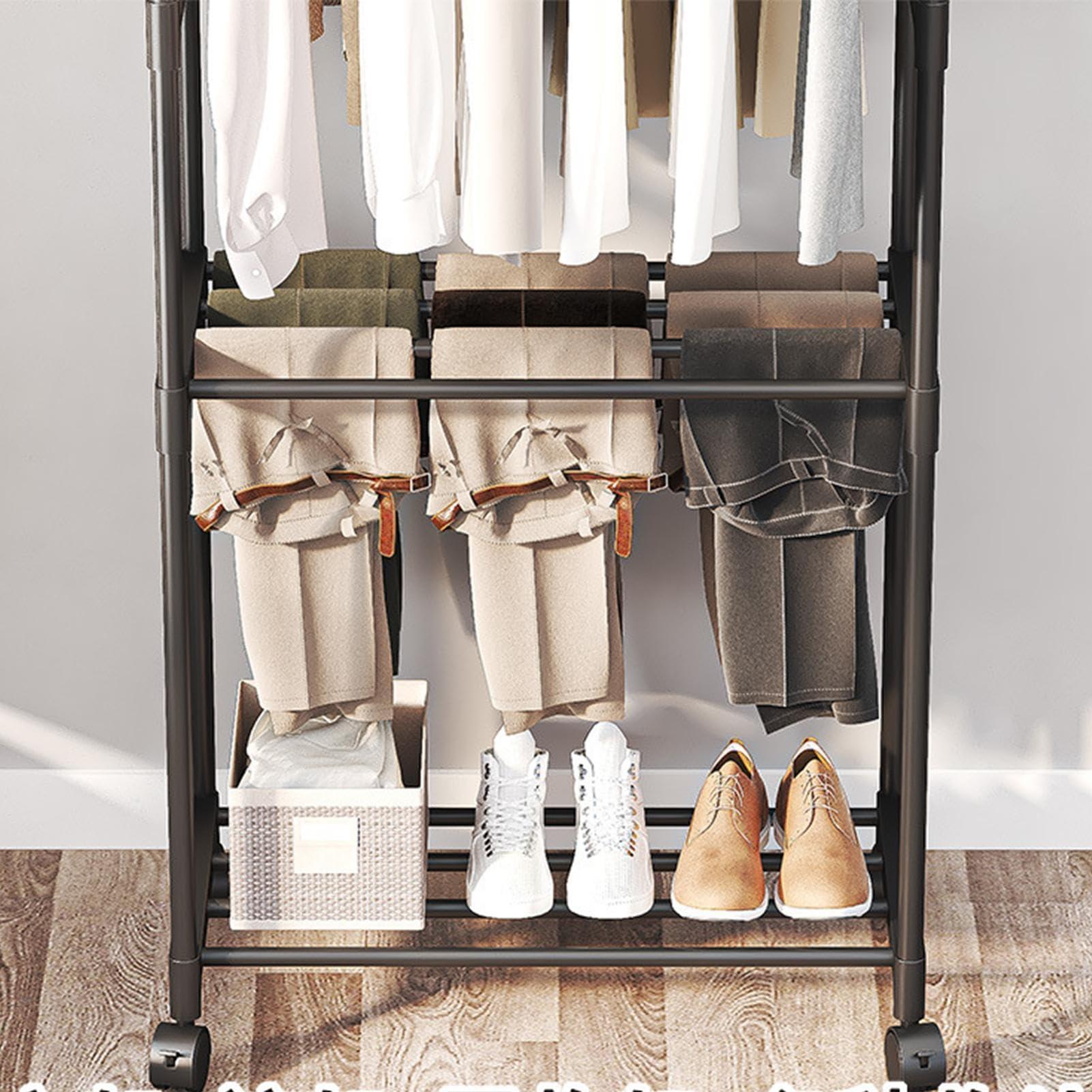 Libaroud Double Rods Clothing Rack with Wheels, Rolling Hanging Clothes Rack, Multi-functional Bedroom Clothes Rack for Bedroom, Living Room, Clothing Store