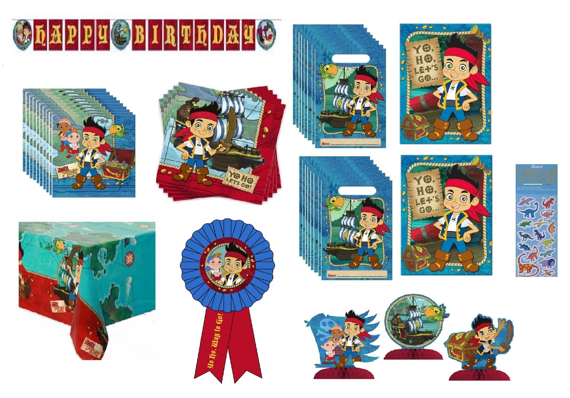 Unique Jake and the Neverland Pirates Birthday Party Supplies Bundle for 16 includes 32 Napkins, 1 Table Cover, 1 Centerpiece, 1 Banner, 16 Party Invitations, 16 Loot Bags, 1 Award Ribbon, 1 Dinosaur Sticker