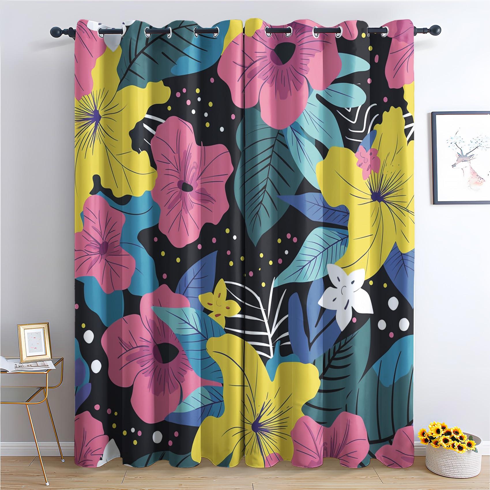 HomeLoft Basics Colorful Floral Curtains, Flower Blackout Curtains for Living Room, Botanical Drapes, Bedroom Curtains, Thermal Insulated & Soft, Room Darkening Grommet Curtains, 2 Panels, 42Wx63L QL69&