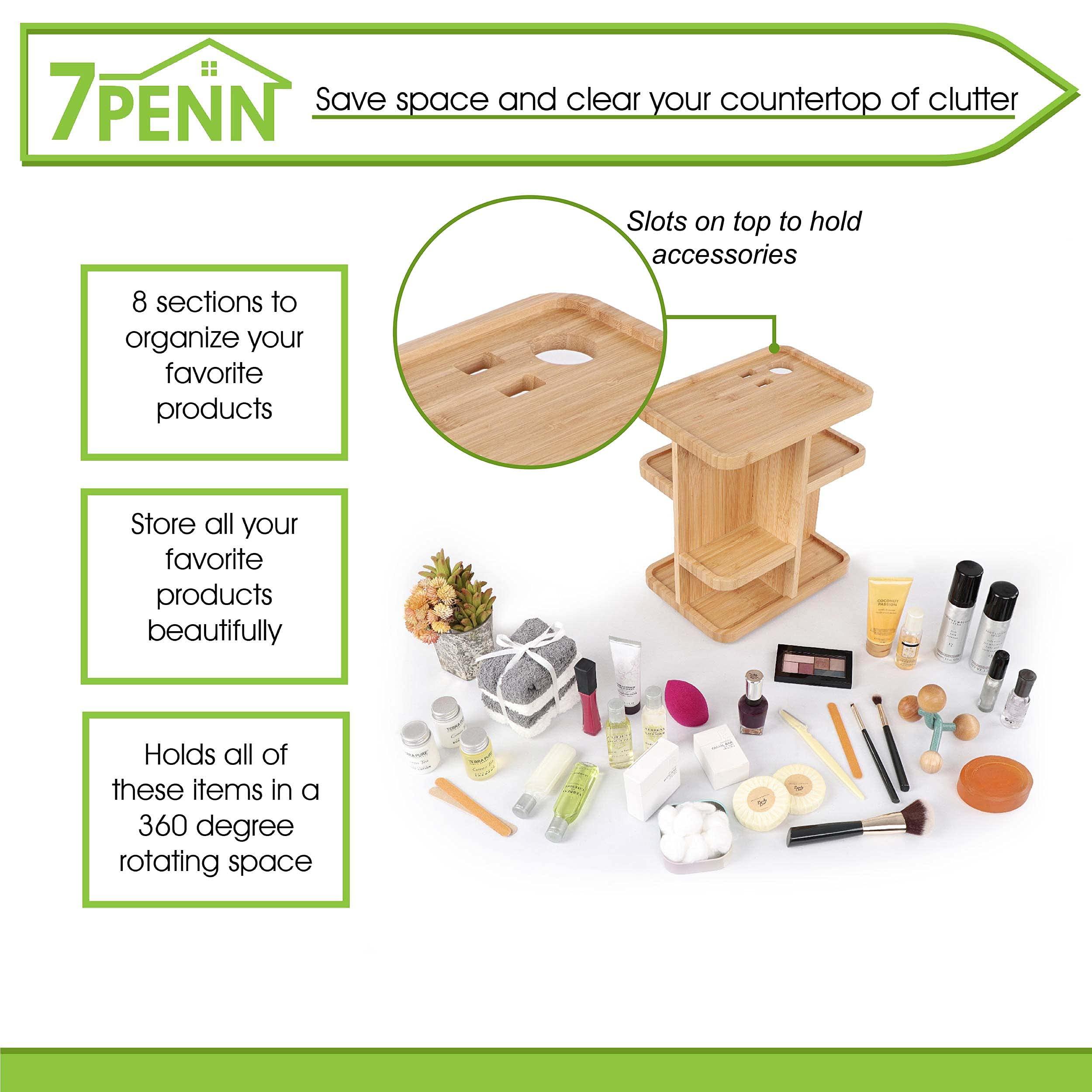 7Penn 7Penn Bathroom Cosmetic Organizer Countertop Rotating Makeup Display - 11in Bamboo Bathroom Tower Shelf 2 Tier Organizer