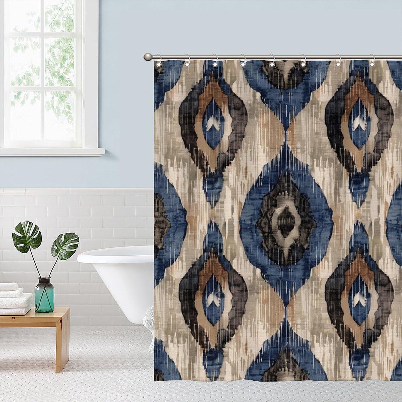Yinrune Yinrune Indigo Ikat Abstract Blue Waterproof Polyester Fabric Shower Curtain with Hooks, 60x72 Inch Shower Curtains Bathroom Curtains Decor, Shower Curtain Sets Machine Washable