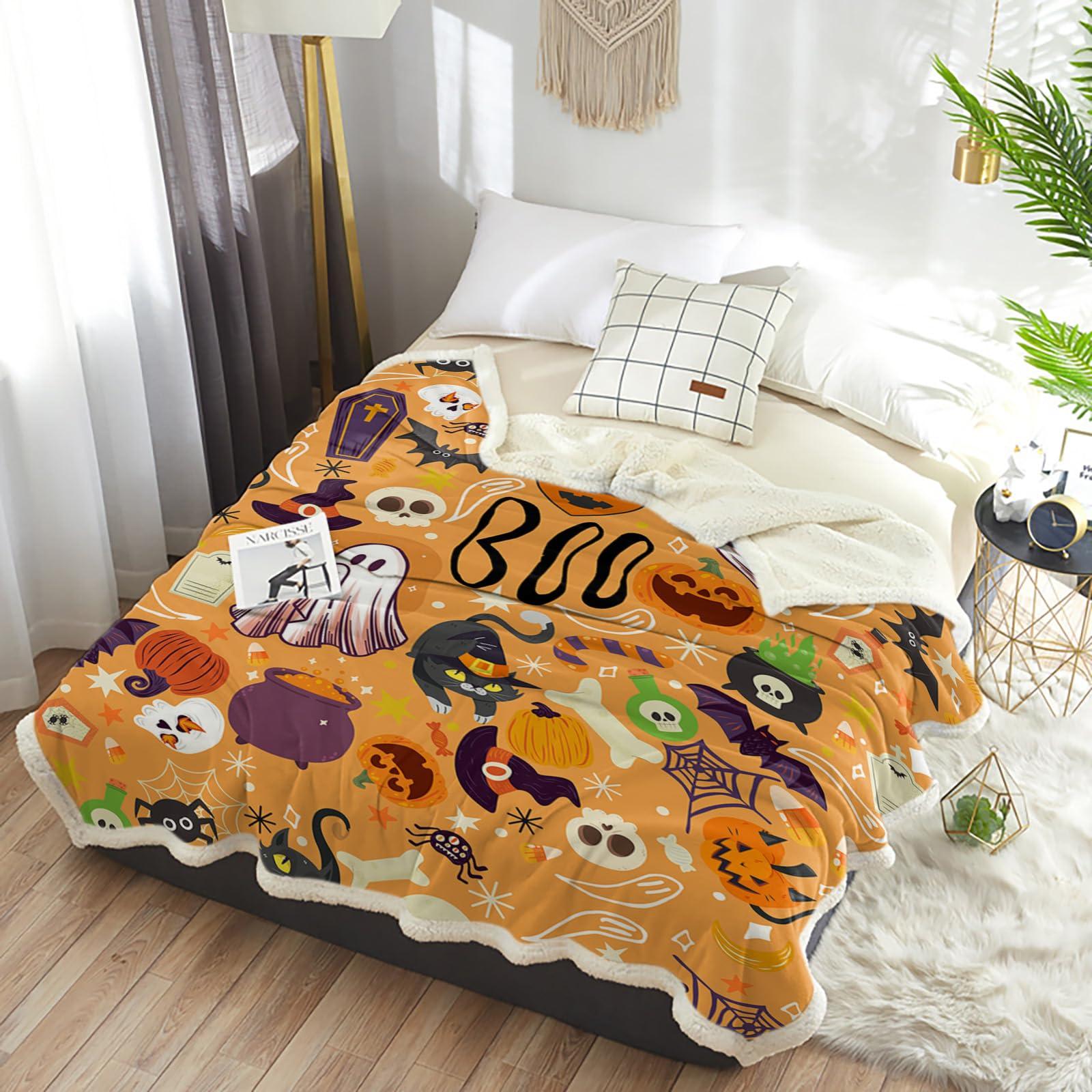 Sabolny Sabolny Halloween Sherpa Throw Blankets for Bed Couch Sofa, Soft Reversible Plush Fluffy Fleece Fannel Blanket Throws Clearance Decorative in Winter Spooky Pumpkin Horror Ghost Skull Orange 49\"x59\"