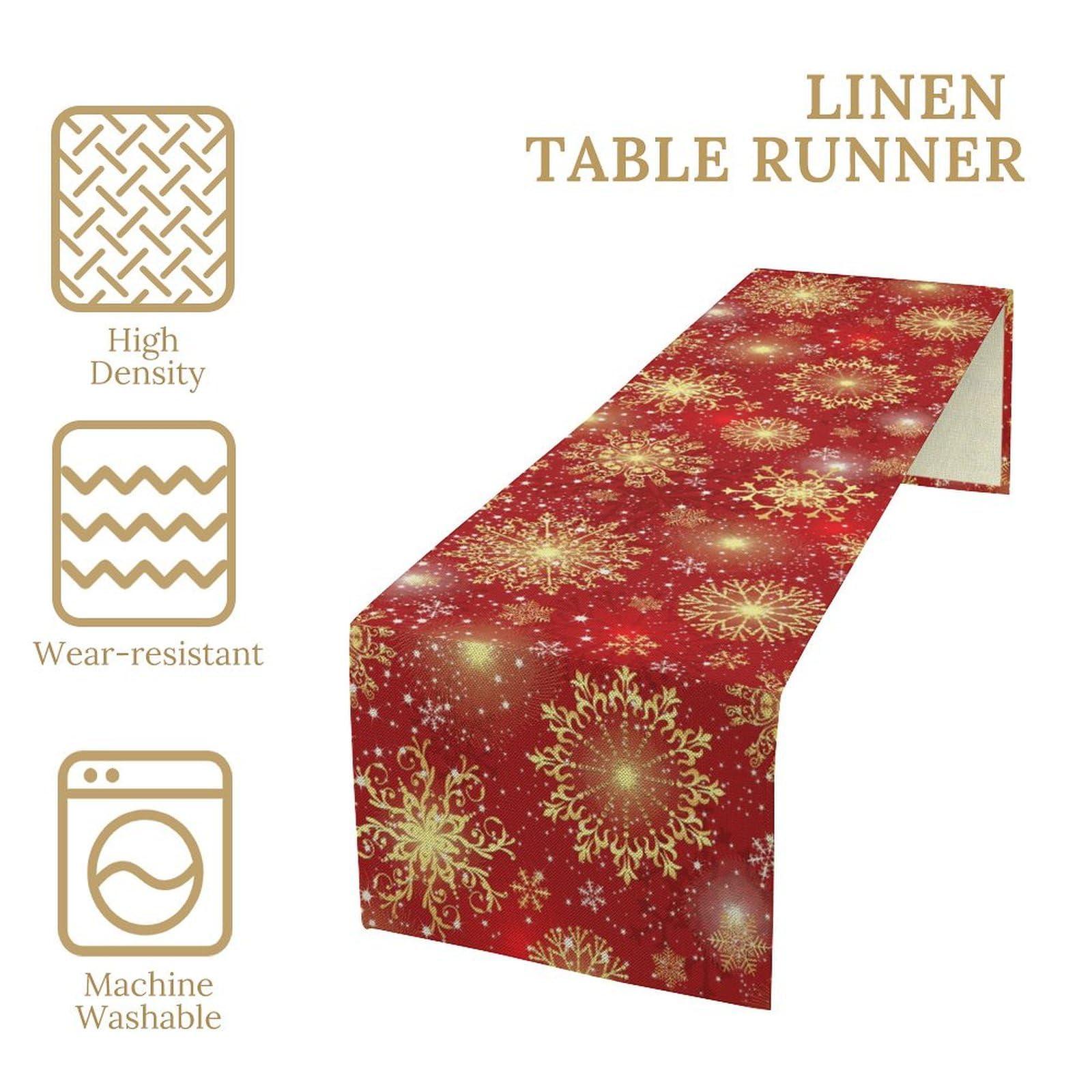JanJCurt JanJCurt Golden Snowflake Table Runner, Happy New Year Red Golden Snowflakes Stars Winter Christmas Holiday Kitchen Dining Table Decoration for Home Party Decor, 13x90inch