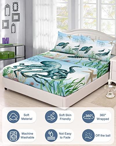 Chucoco Cal King Fitted Sheet Deep Pocket,Ocean Marine Life Turtle Octopus Compass Soft Microfiber Brushed Bed Sheet & Pillowcase Set,Seahorse Starfish Nautical Hotel Fitted Bottom Sheets All Around Elastic