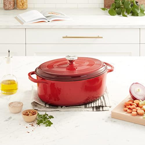 Lodge Lodge 7 Quart Enameled Cast Iron Oval Dutch Oven with Lid Dual Handles Oven Safe up to 500 F or on Stovetop - Use to Marinate, Cook, Bake, Refrigerate and Serve Red