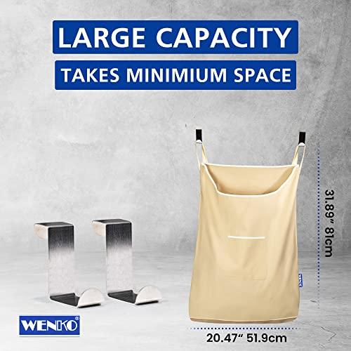 WENKO WENKO Laundry Hamper Bag Hanging, Over The Door Basket with Hooks, for Bathroom, Closet, Space Saving Storage, Wall mounted 3.94 x 20.47 x 31.89 in, Beige