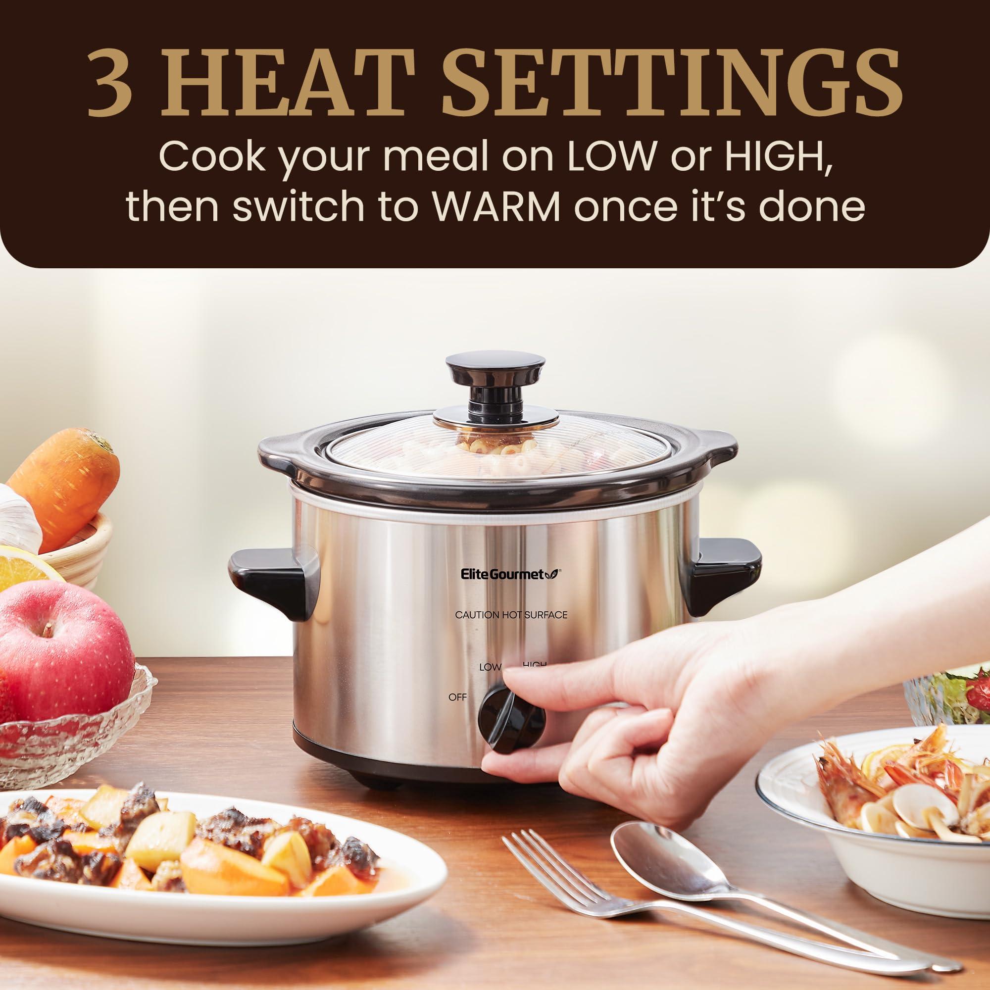 Elite Gourmet Elite Gourmet MST-250XS Electric Slow Cooker Ceramic Pot, Adjustable Temp, Entrees, Sauces, Stews & Dips, Dishwasher Safe Glass Lid & Crock, 1.5 Quart, Stainless Steel