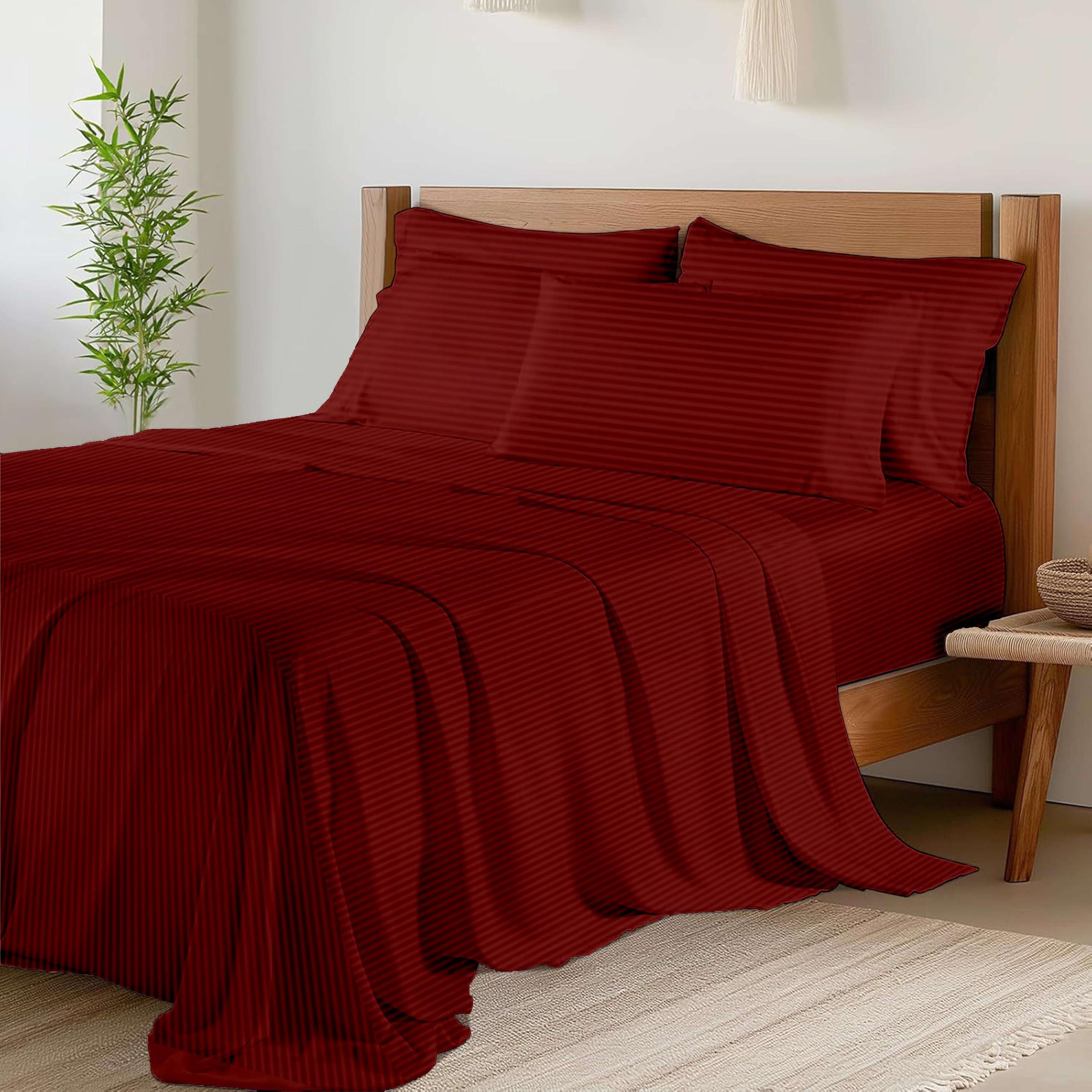 NON Sticky cotton Queen Size Sheet Set - 6 Piece Set - 400-Thread-Count 100% Egyptian Cotton Bed Sheets - Deep Pockets - Easy Fit - Bed Sheets Queen Size Set - Burgundy Stripe Bed Sheets - Queens Sheets - 6 PC