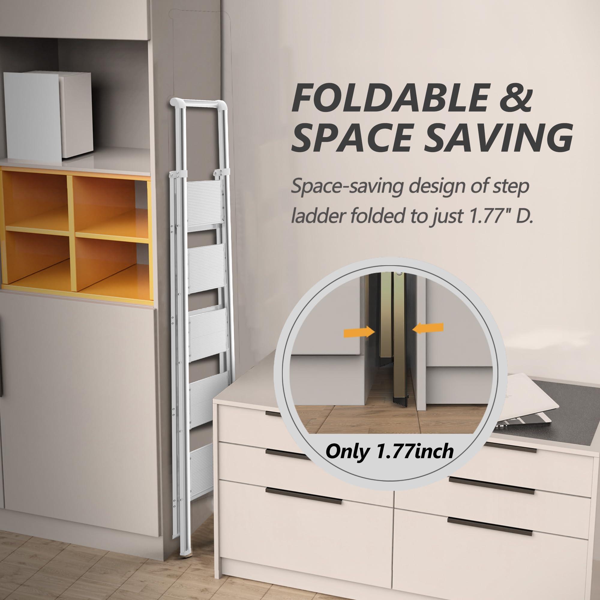 Soladder SOLADDER 5 Step Ladder, Folding Step Stool, White Foldable Ladder for 10 Foot High Ceiling with Anti-Slip Wide Sturdy Pedal and Handgrip, Multi-Use for Home (300 lbs Capacity)