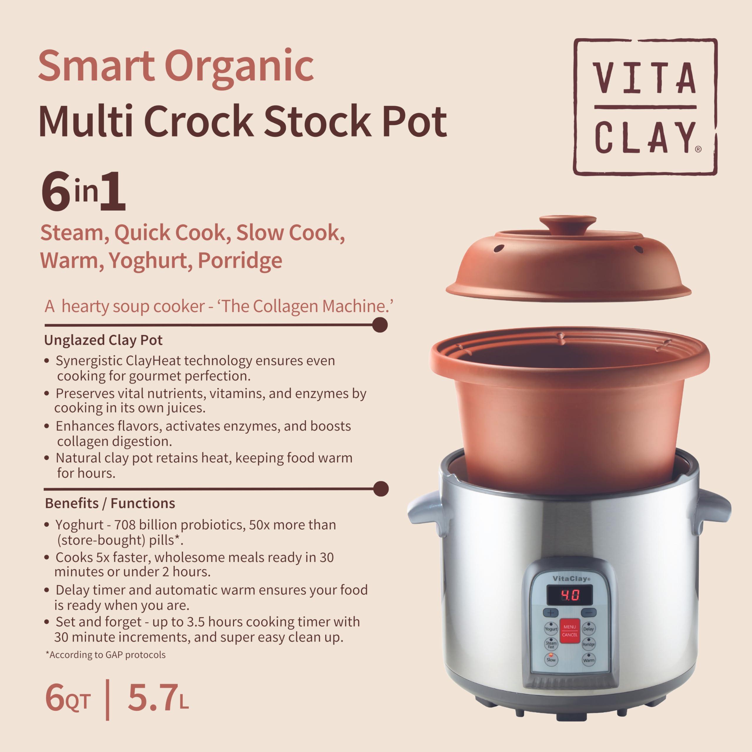 VitaClay Vitaclay Smart Organic Clay Multi Crocks Stock Pot - Toxin Free Clay Electric Pot for Cooking Bone Broth, Large Slow Cooker, Yogurt Maker, Stew Pot with Natural Earthen Clay Crock, 6 quart / 5.7 liter