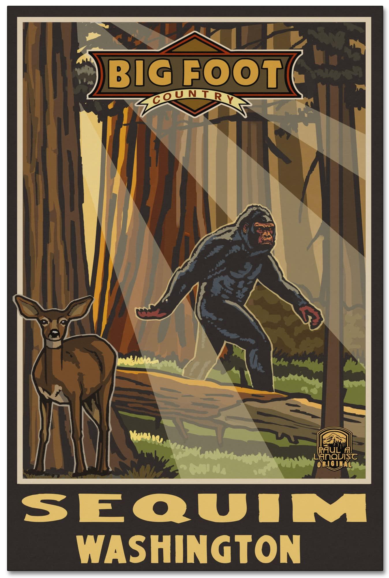 Northwest Art Mall Sequim Washington Bigfoot & Deer Giclee Archival Canvas Print Wall Art Dcor for Home & Office from Illustration by Artist Paul A. Lanquist 30\" x 45\"