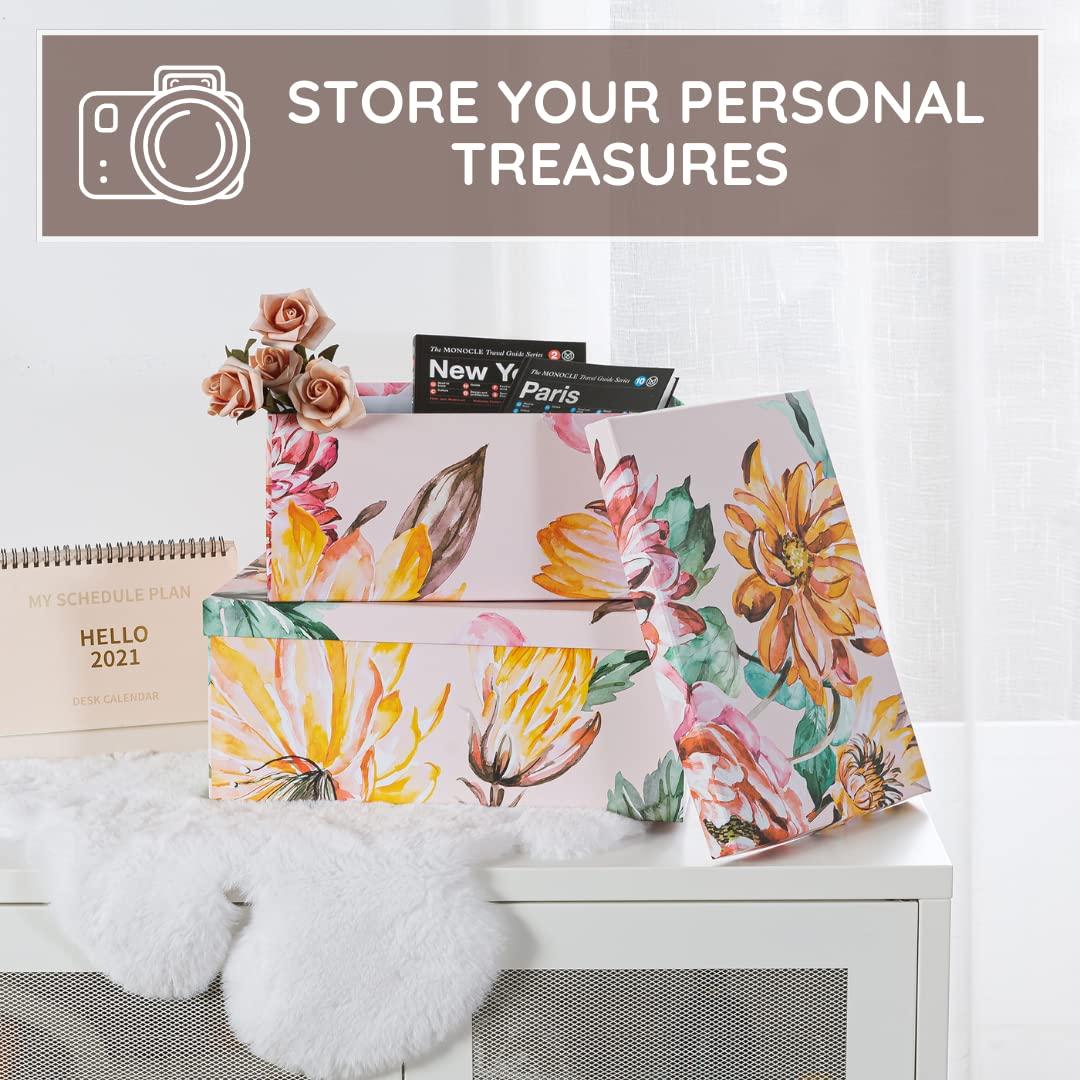 Soul & Lane Soul & Lane Decorative Cardboard Storage Boxes with Lids for Home Decor and Organization, Set of 3 Large Keepsake Boxes for Memories & Gifts, Nesting Floral Photo Storage Containers, Beauty in Bloom