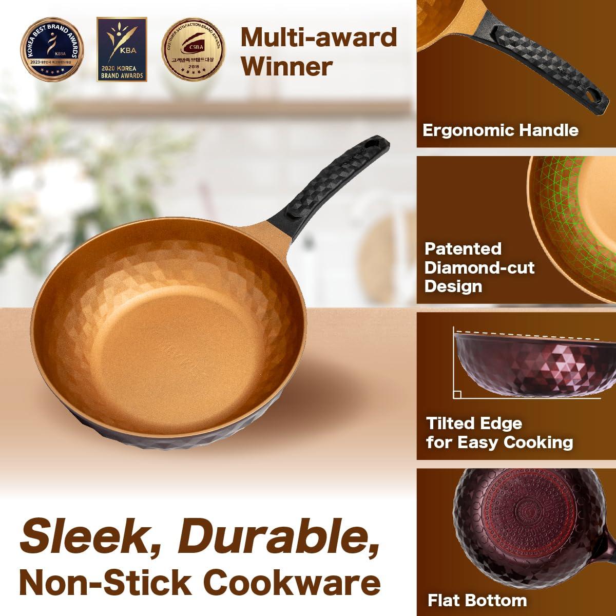 KOREA KING Diamond X Premium Extreme Non Stick 11\" Frying Wok Pan Hybrid with Lid and Spatula, Oil-Free, PFOA-Free Cooking with Titanium-Coated 8-Layered Korean Engineered Deep Stir Fry Skillet, Rapid Heating