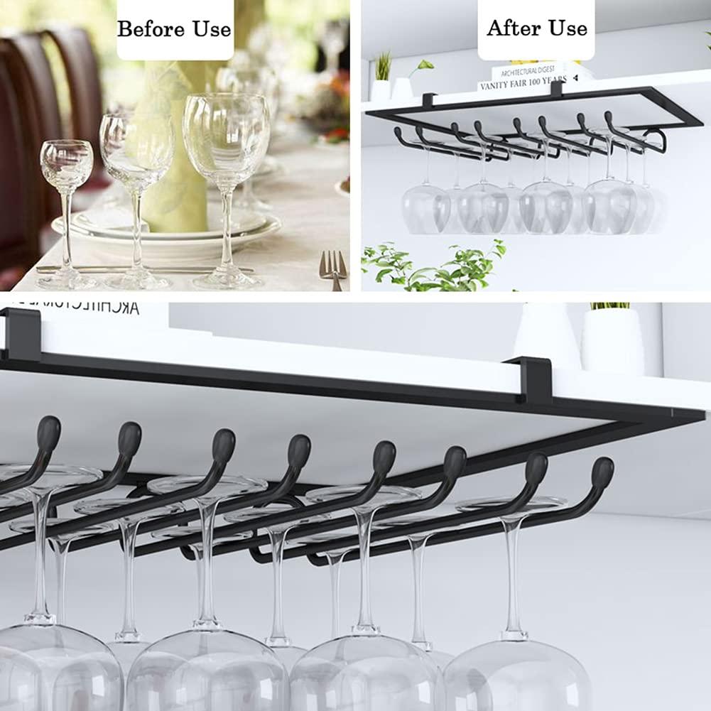 Wine Glass Rack Stemware Rack Under Cabinet,Hanging Wine Glass Rack Metal Organizer,for Home Cabinet Kitchen Bar,Punch-free installation(3/4/5/6 Rows)