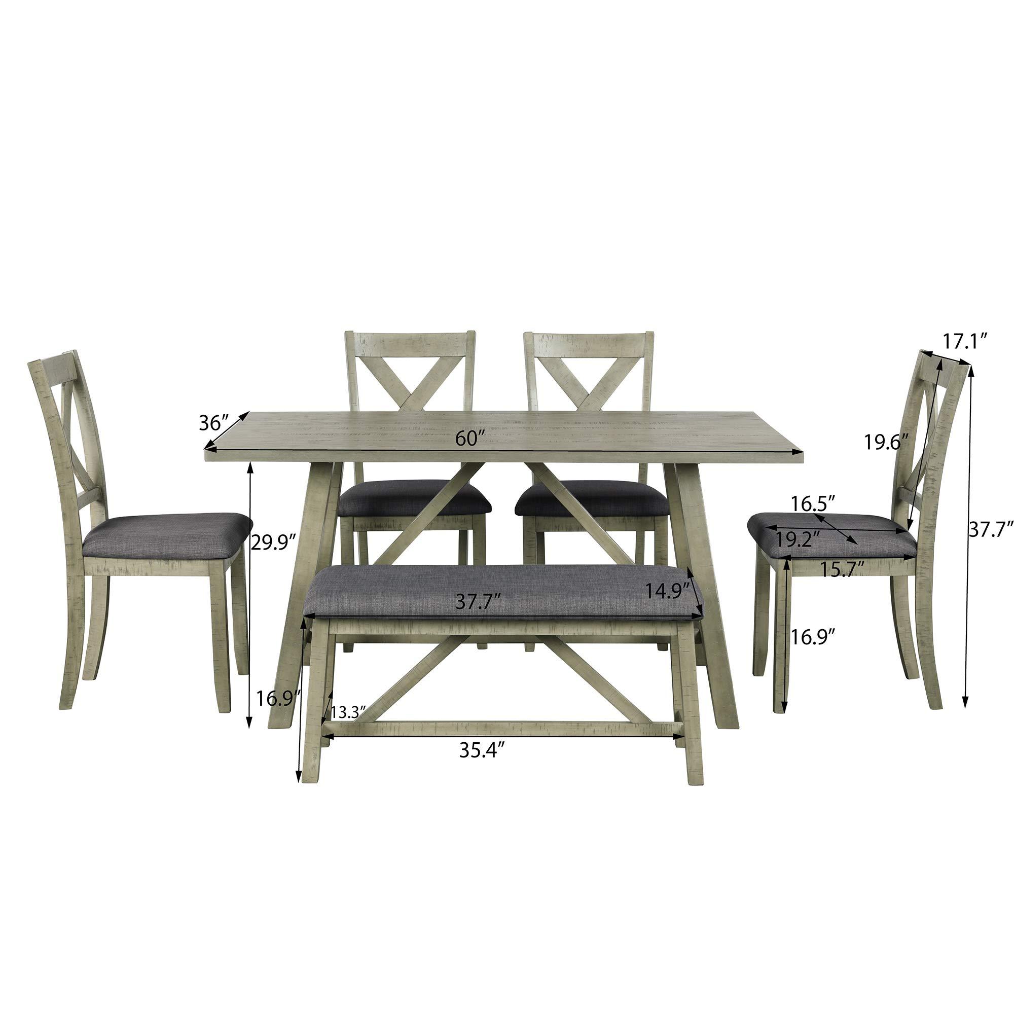 Reinof 6 Piece Dining Table Set Wood Dining Table and Chair Kitchen Table Set with Table, Bench and 4 Chairs, Rustic Style (Gray)